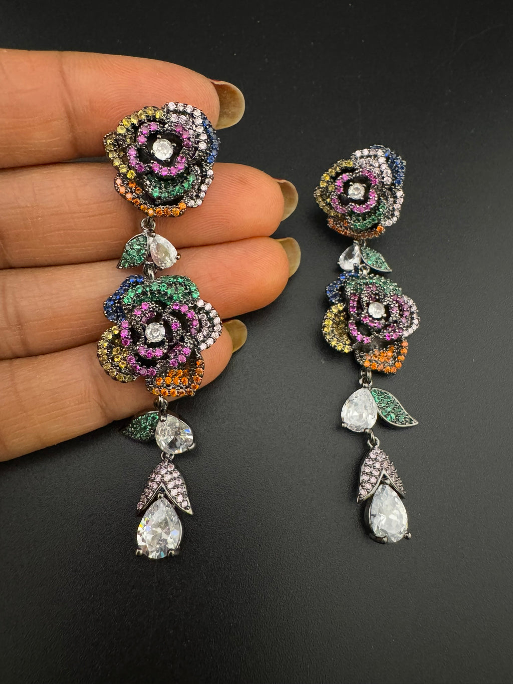 Unique Nano Setting Cubic Zirconia Multicolor Long Rose Earrings