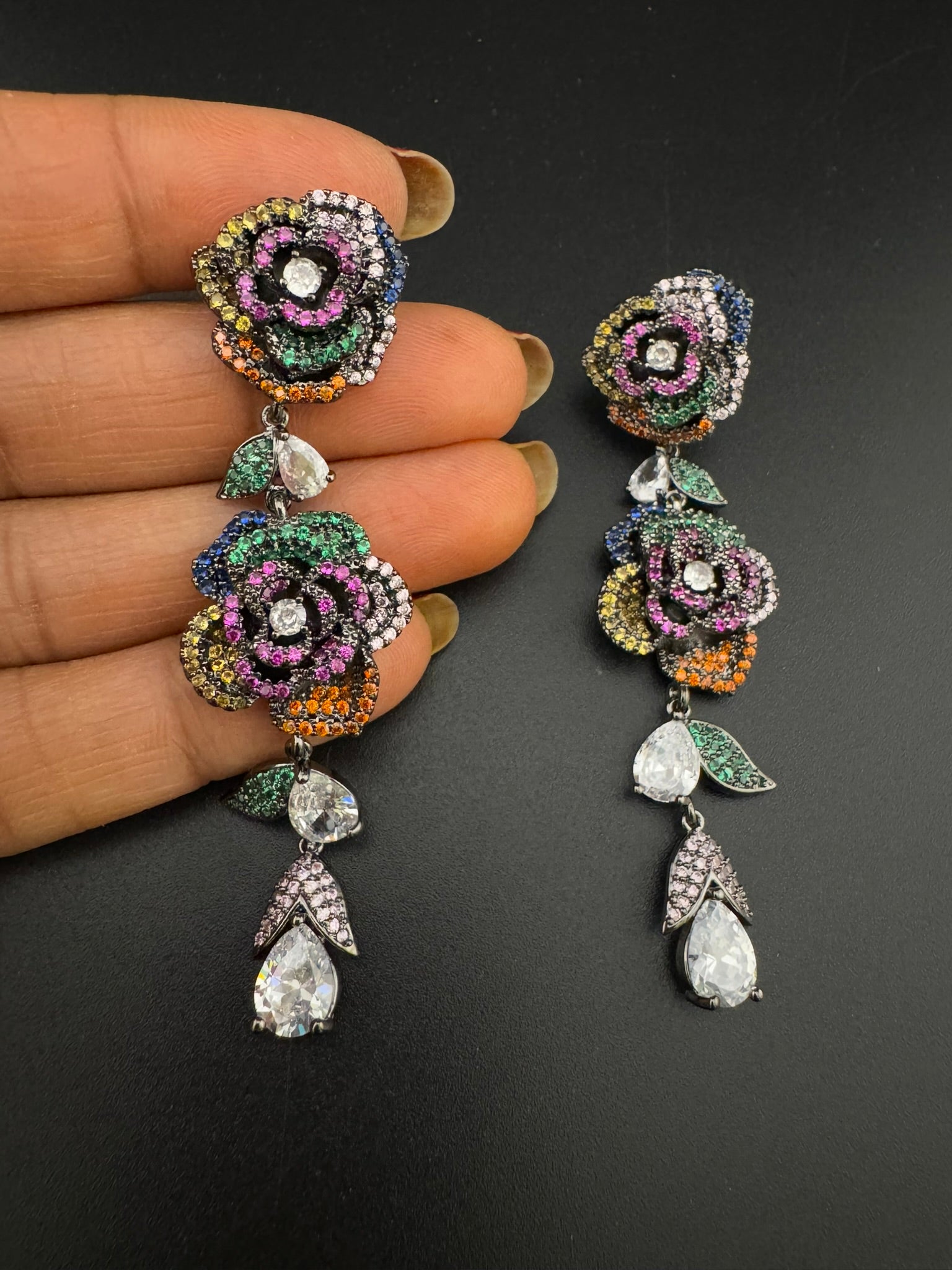 Unique Nano Setting Cubic Zirconia Multicolor Long Rose Earrings