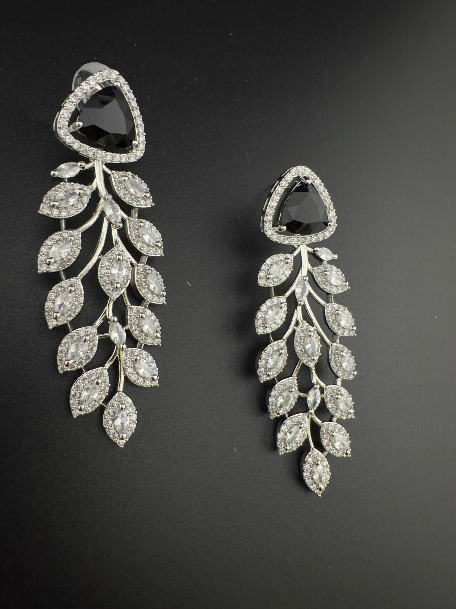 Leaf style Premium Cubic Zirconia, Crystal, Natural stone in silver color Long earrings