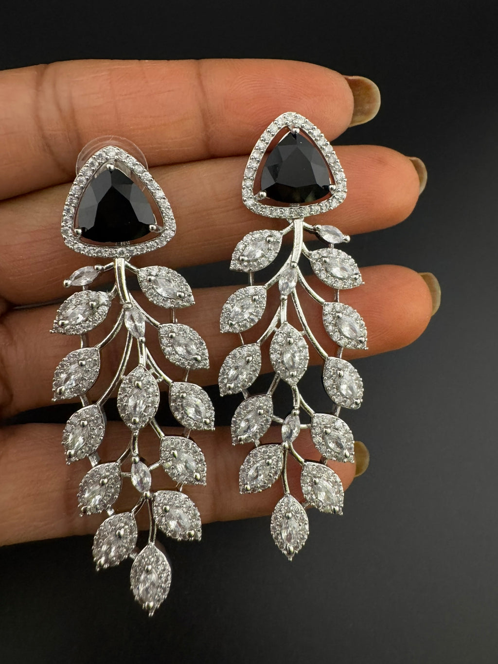 Leaf style Premium Cubic Zirconia, Crystal, Natural stone in silver color Long earrings