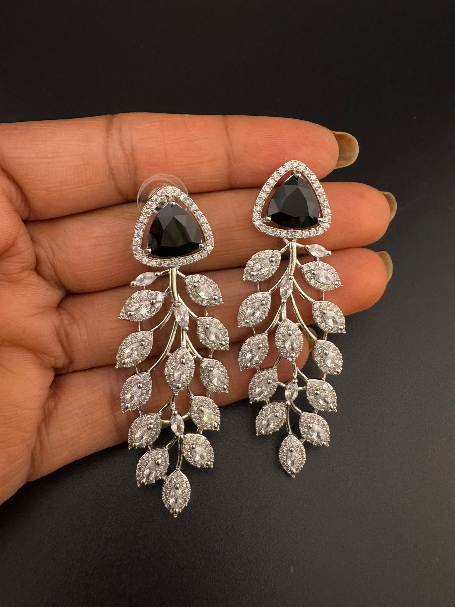 Leaf style Premium Cubic Zirconia, Crystal, Natural stone in silver color Long earrings