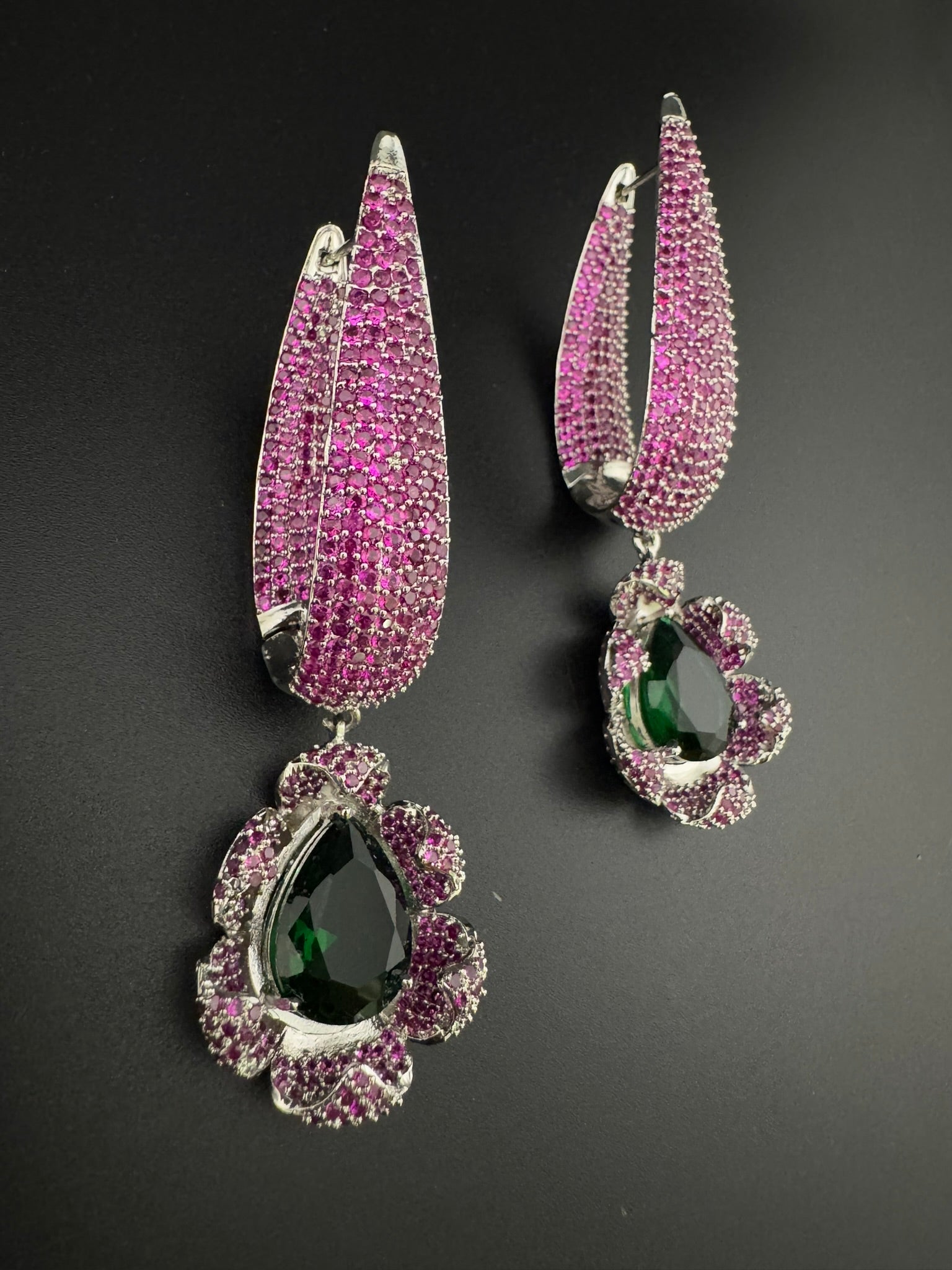 Leaf style Premium Cubic Zirconia, Crystal, Natural stone in silver color Long earrings