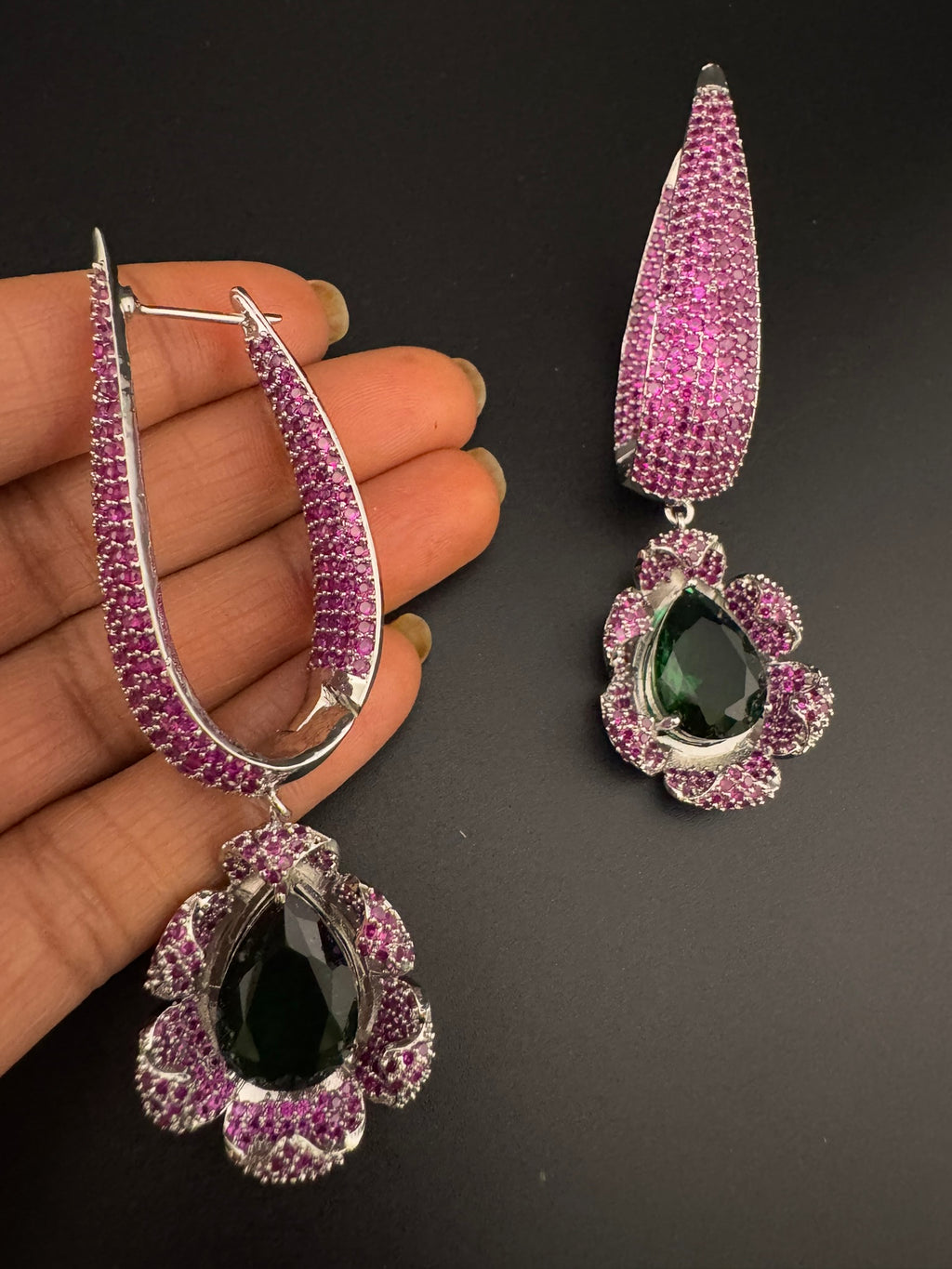 Leaf style Premium Cubic Zirconia, Crystal, Natural stone in silver color Long earrings