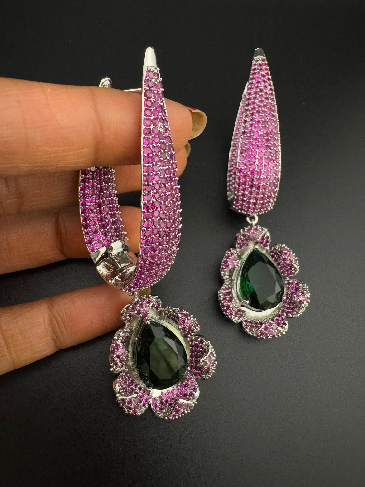 Leaf style Premium Cubic Zirconia, Crystal, Natural stone in silver color Long earrings