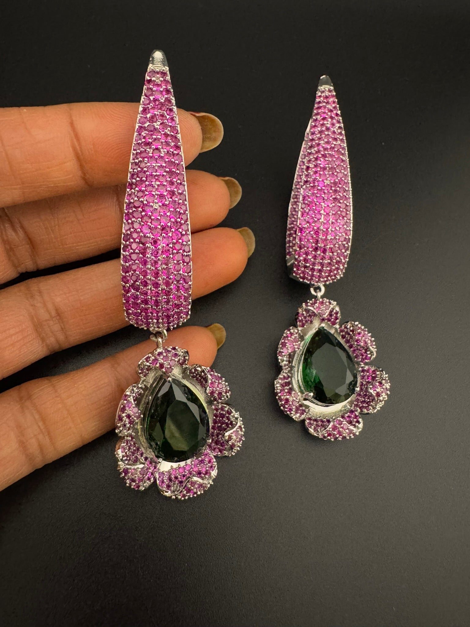 Leaf style Premium Cubic Zirconia, Crystal, Natural stone in silver color Long earrings