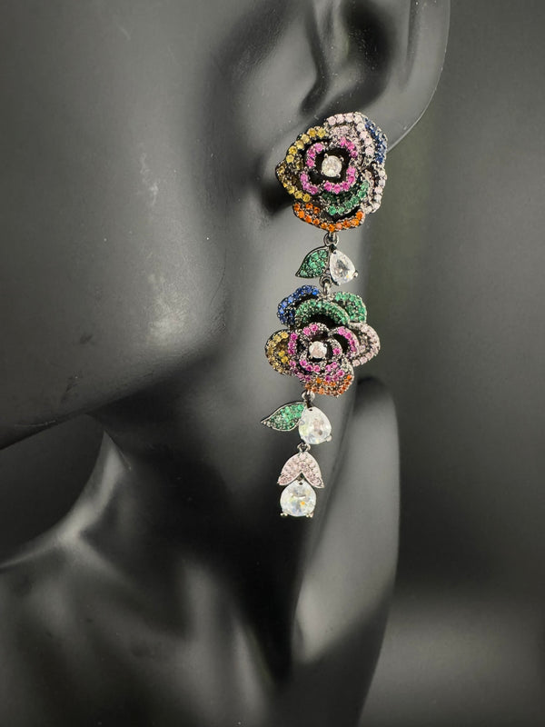 Unique Nano Setting Cubic Zirconia Multicolor Long Rose Earrings