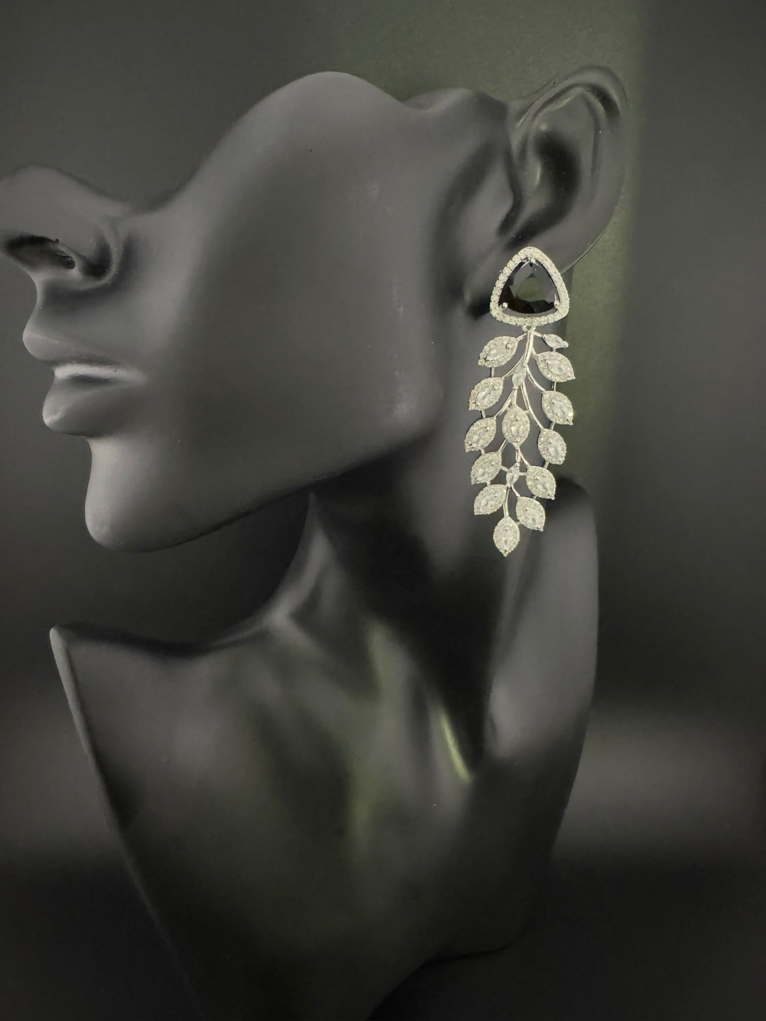 Leaf style Premium Cubic Zirconia, Crystal, Natural stone in silver color Long earrings