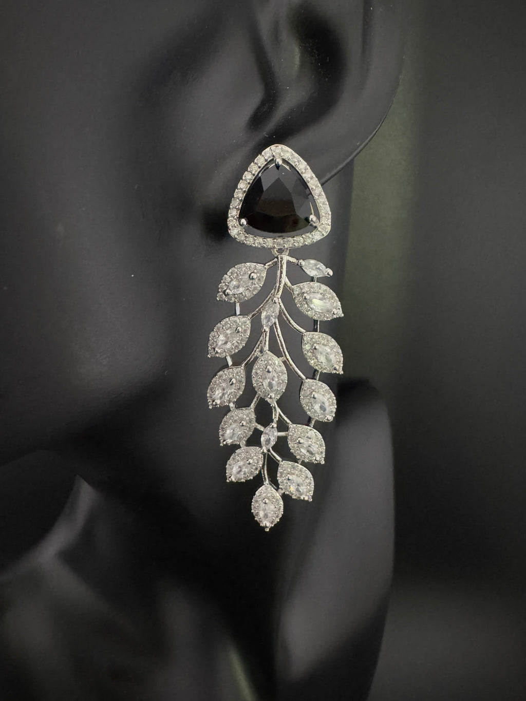 Leaf style Premium Cubic Zirconia, Crystal, Natural stone in silver color Long earrings