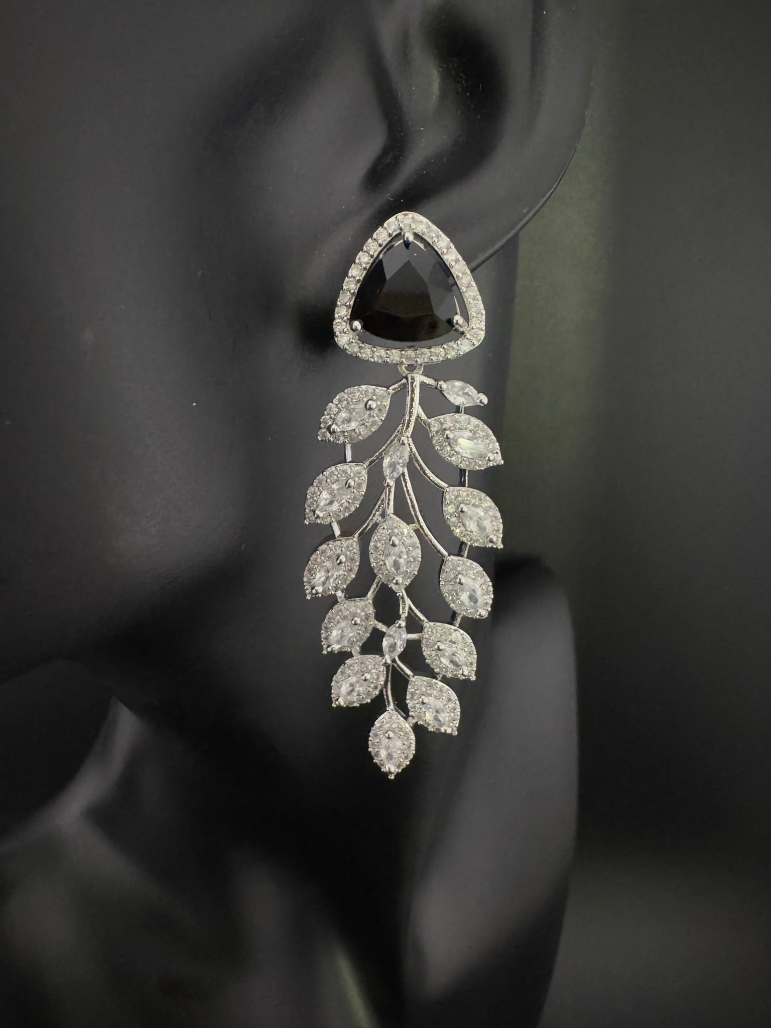 Leaf style Premium Cubic Zirconia, Crystal, Natural stone in silver color Long earrings