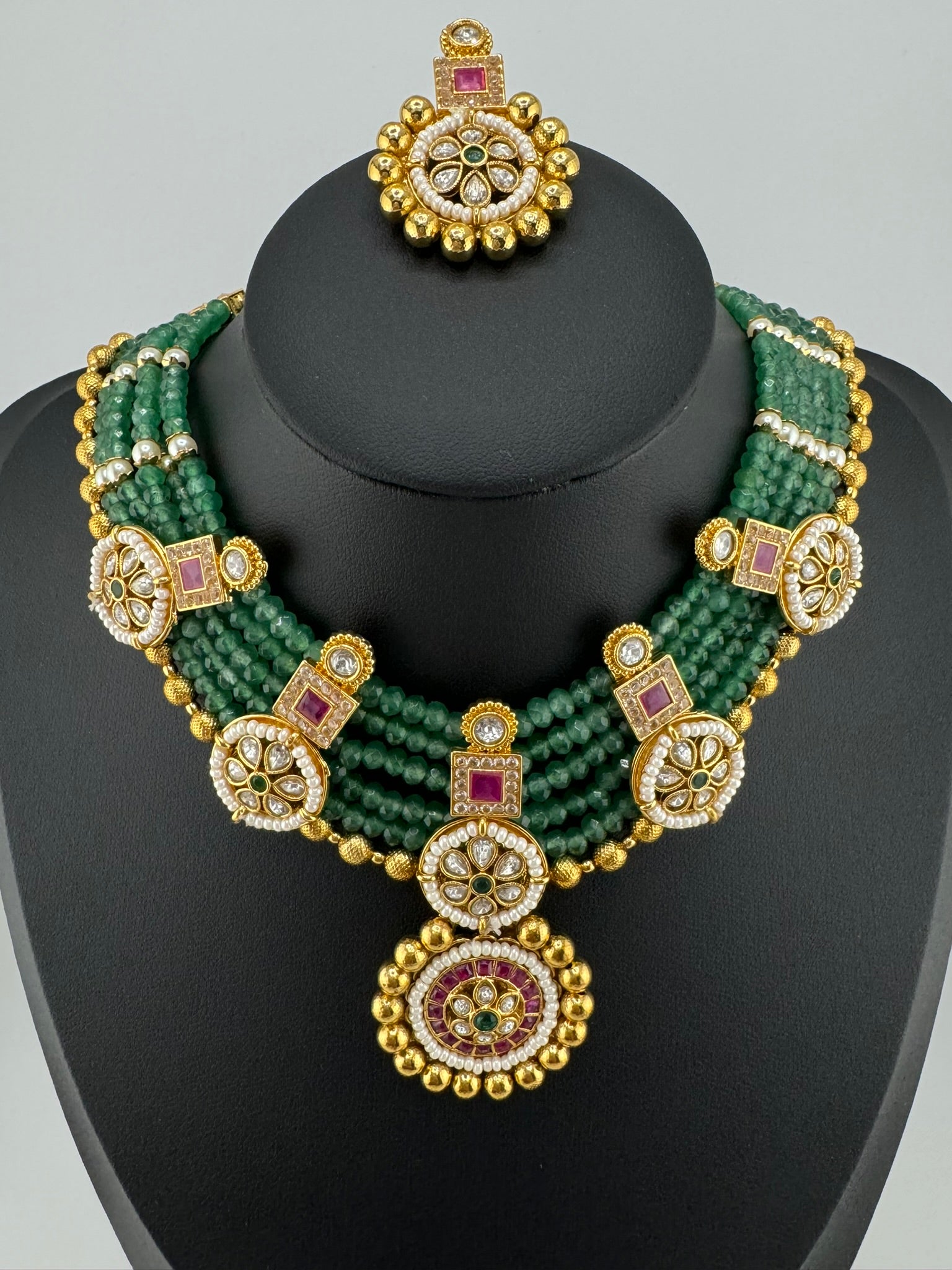 Amrapali Inspired Premium Rajwadi Neacklace set with Kundan, onyx beads in Matt Gold, Rani Haar
