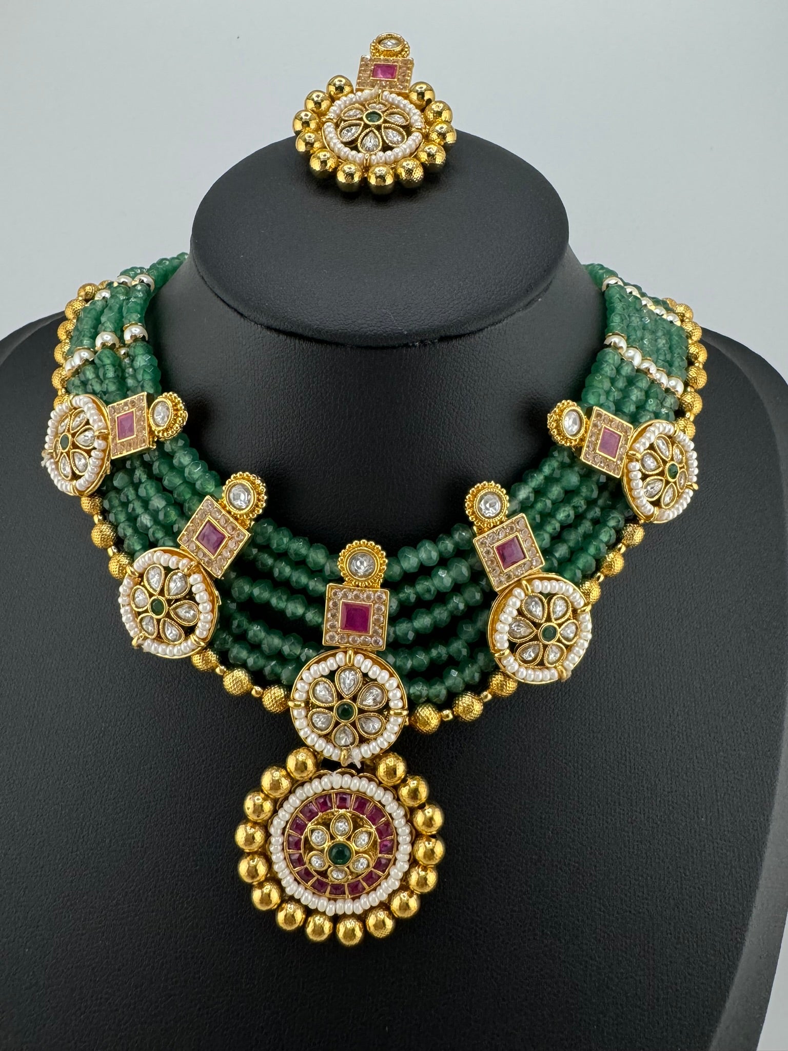 Amrapali Inspired Premium Rajwadi Neacklace set with Kundan, onyx beads in Matt Gold, Rani Haar
