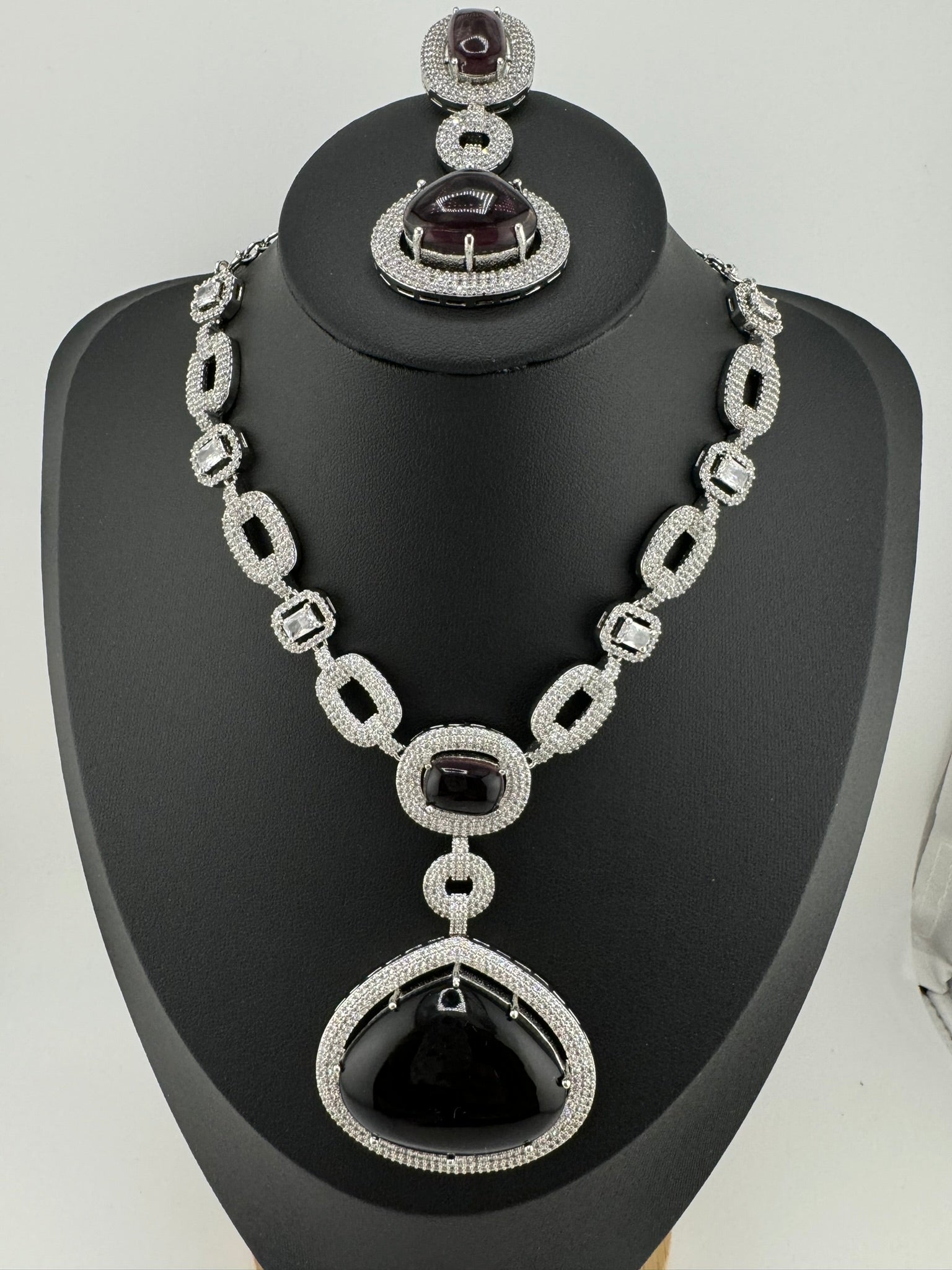 Premium Long necklace in Cubic Zirconia and Wine doublet stones Necklace set with long earrings