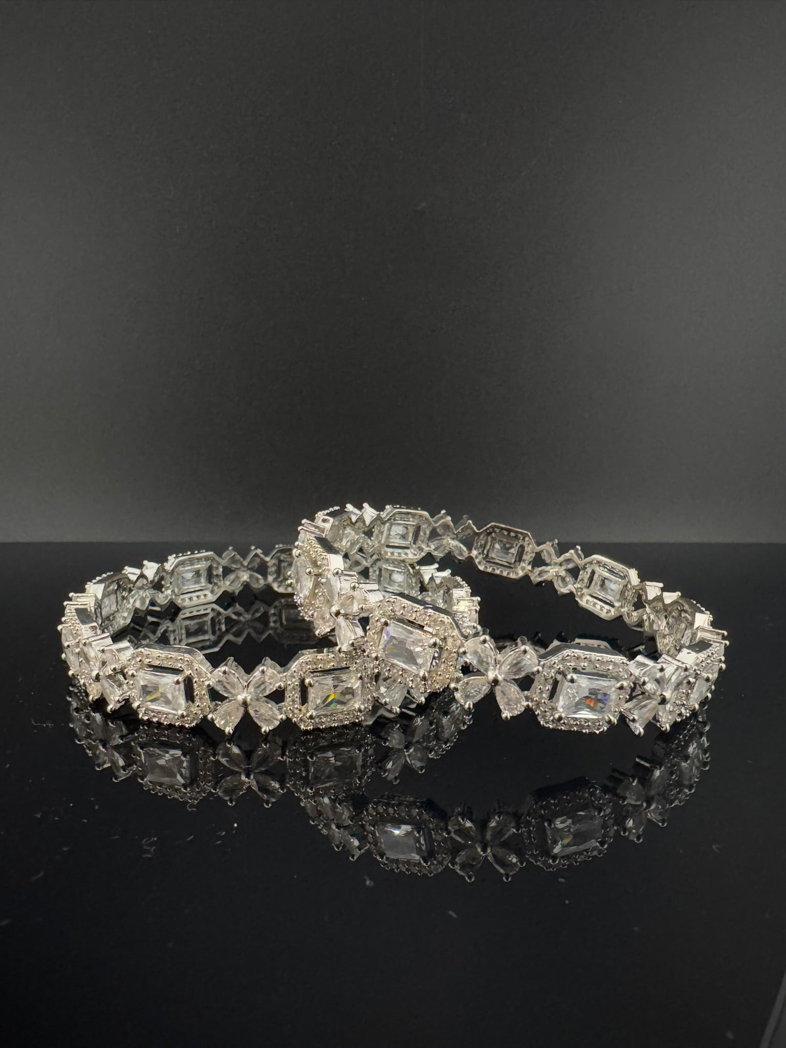 Silver Crystal and Cubic Zirconia bangle is Designer inspired bangles set of 2/Indian Kada set