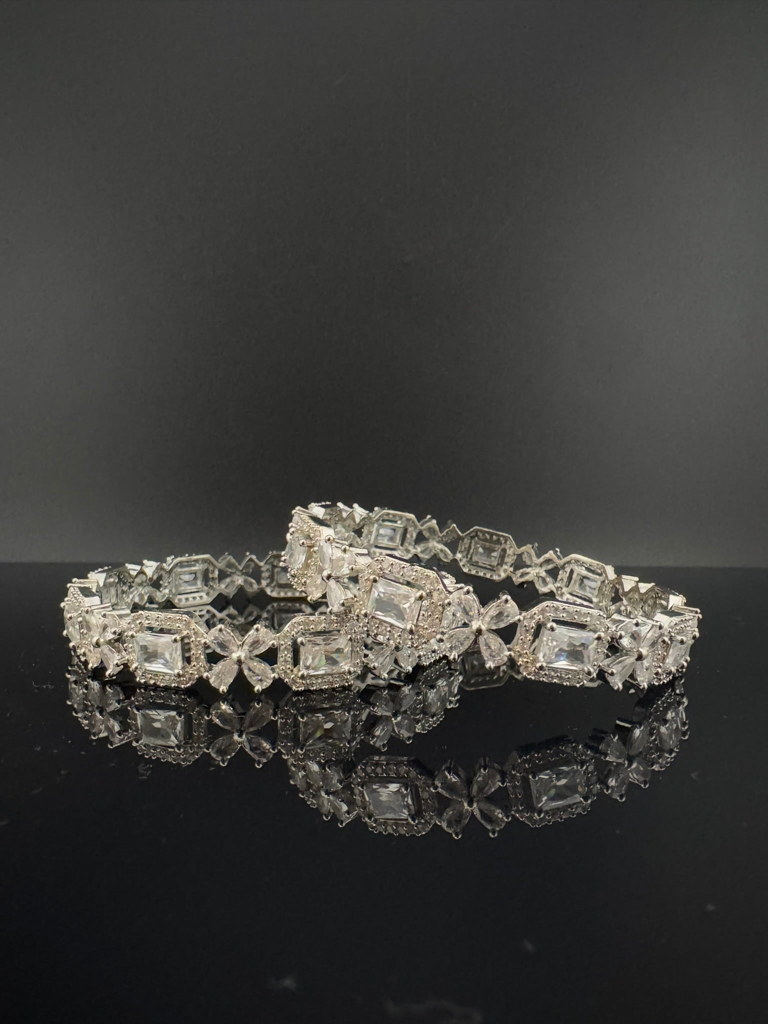 Silver Crystal and Cubic Zirconia bangle is Designer inspired bangles set of 2/Indian Kada set