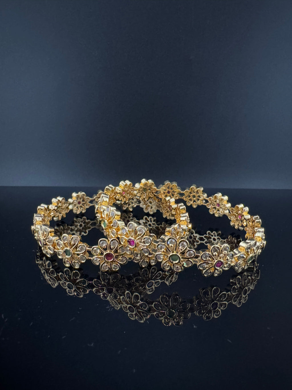 Gold Polki and Cubic Zirconia bangle is Designer inspired bangles set of 2