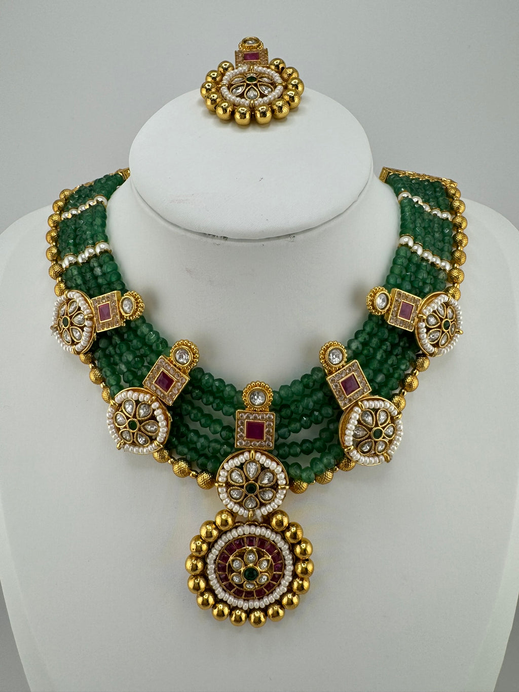 Amrapali Inspired Premium Rajwadi Neacklace set with Kundan, onyx beads in Matt Gold, Rani Haar
