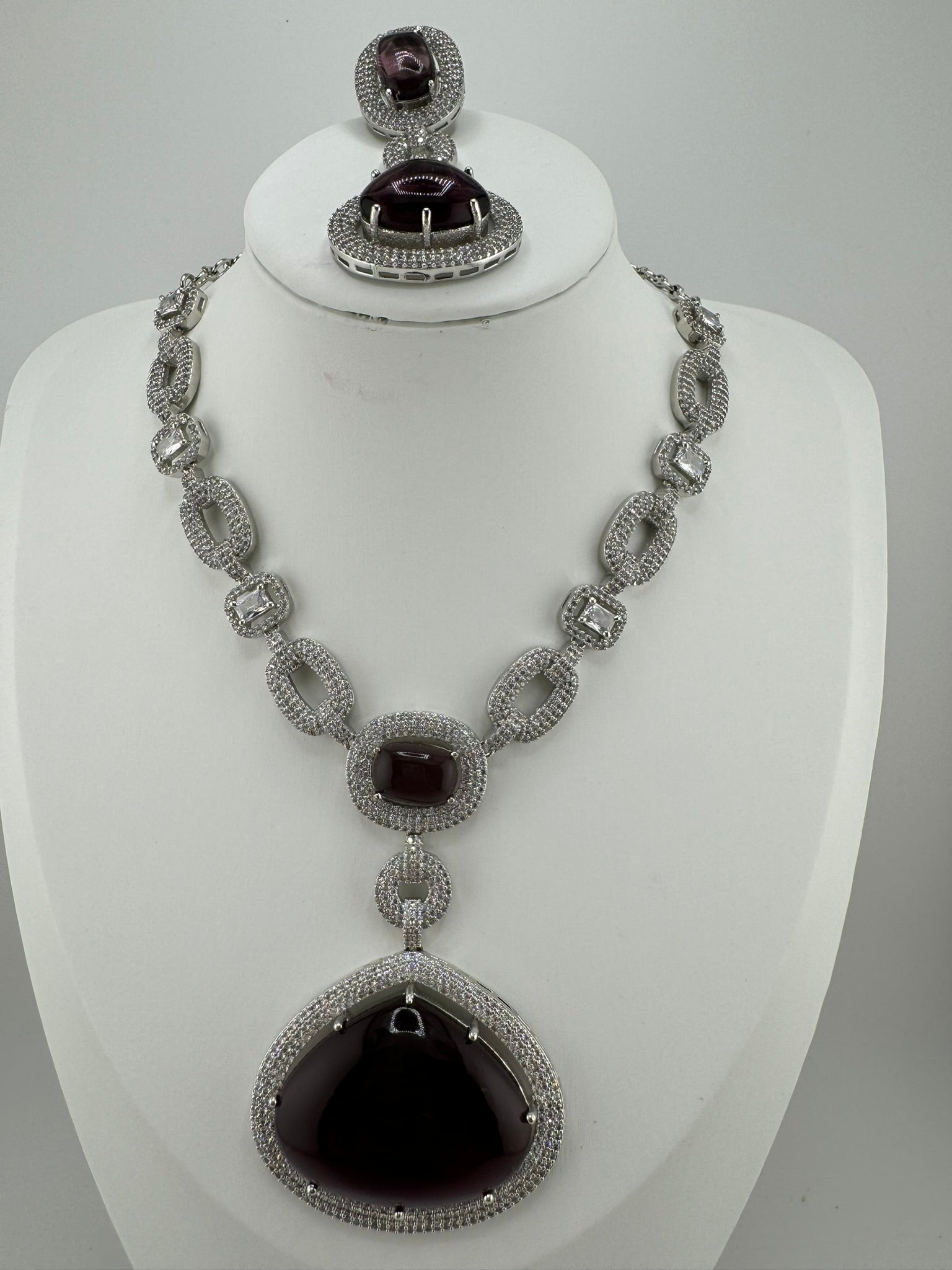 Premium Long necklace in Cubic Zirconia and Wine doublet stones Necklace set with long earrings