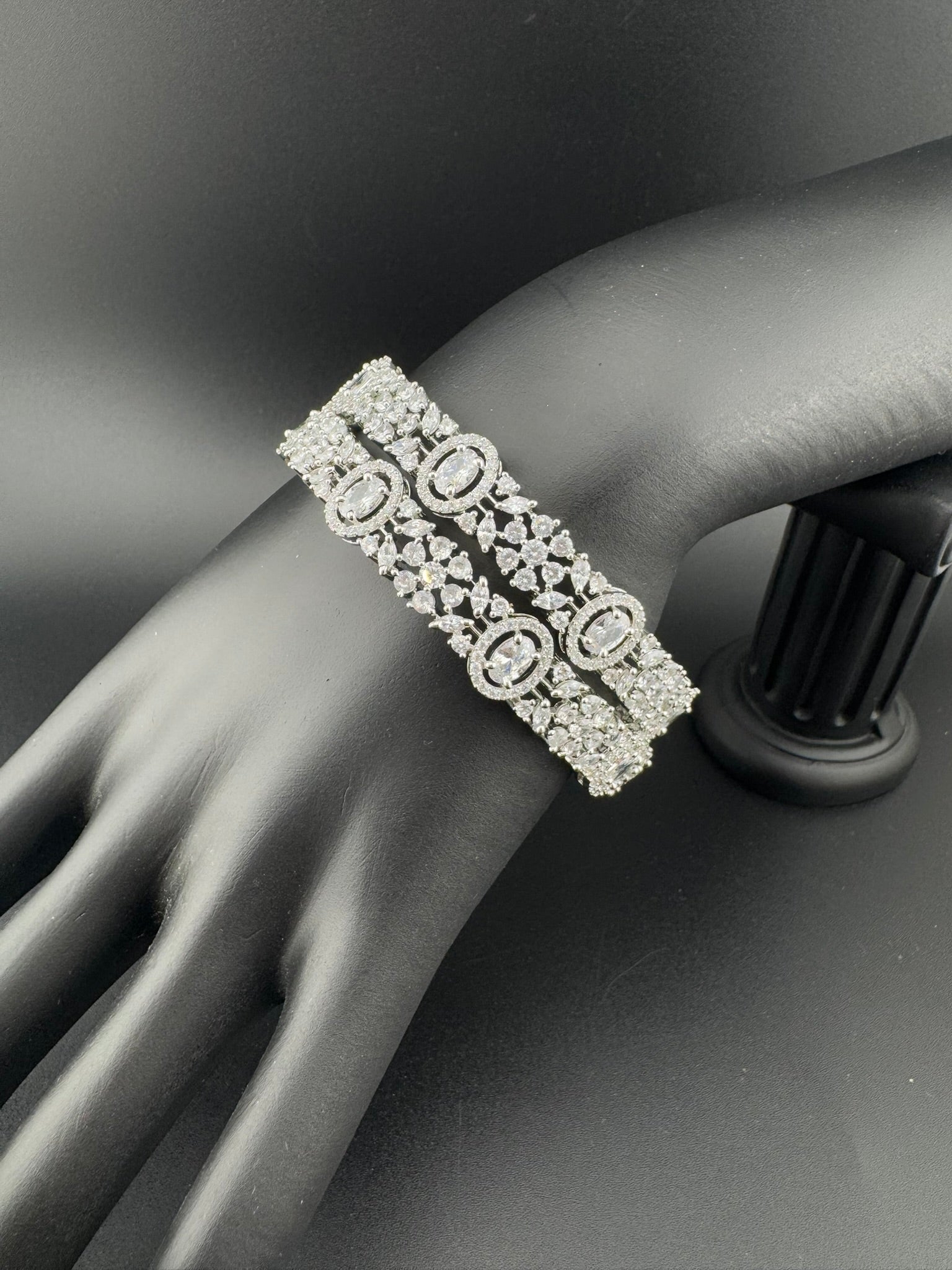 Silver Crystal and Cubic Zirconia bangle is Designer inspired bangles set of 2/Indian Kada set