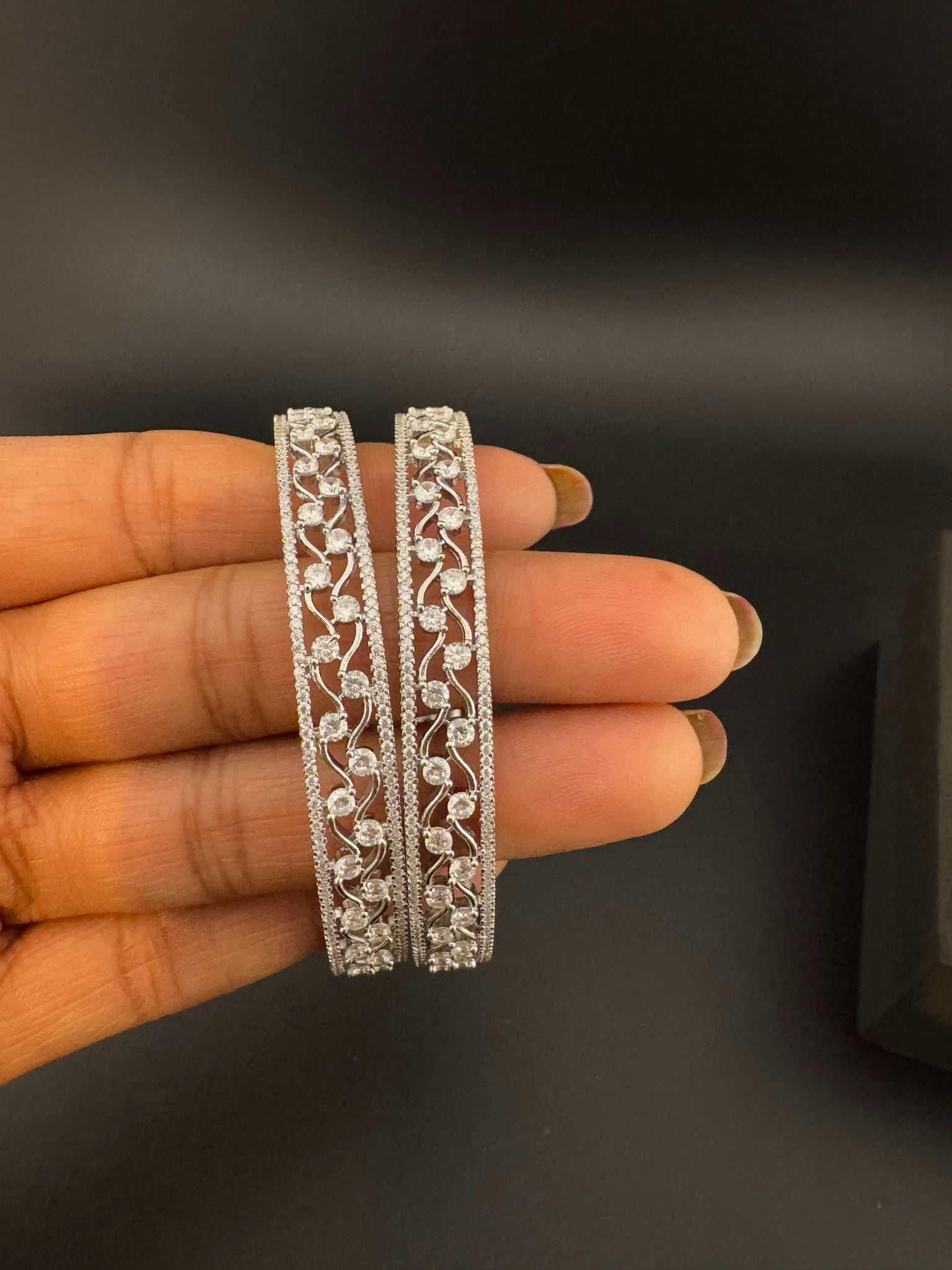 Silver Crystal and Cubic Zirconia bangle is Designer inspired bangles set of 2/Indian Kada set
