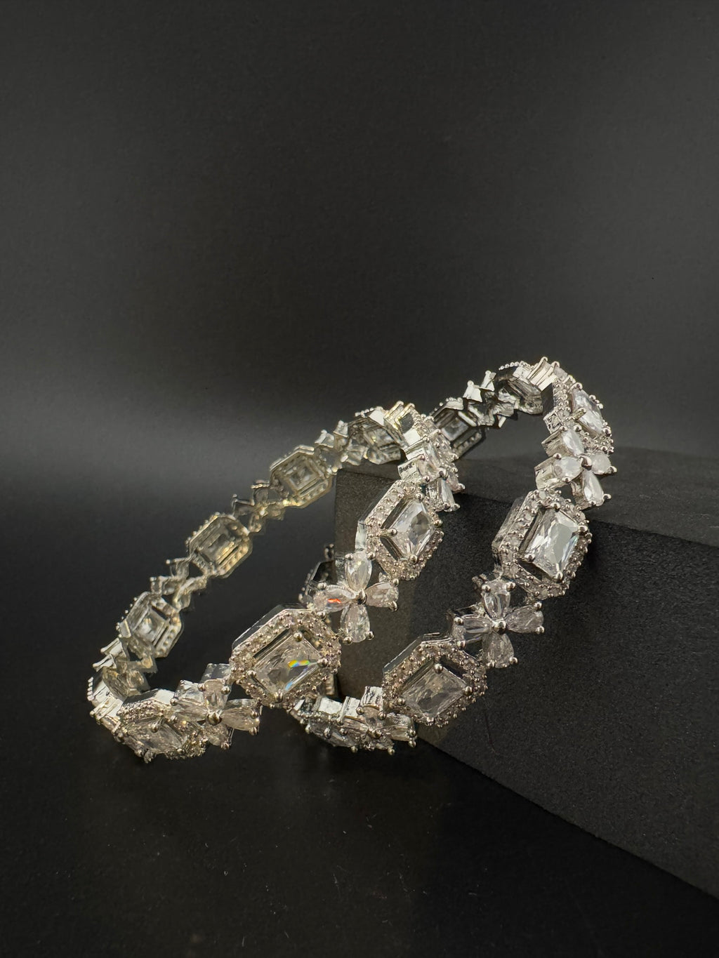 Silver Crystal and Cubic Zirconia bangle is Designer inspired bangles set of 2/Indian Kada set