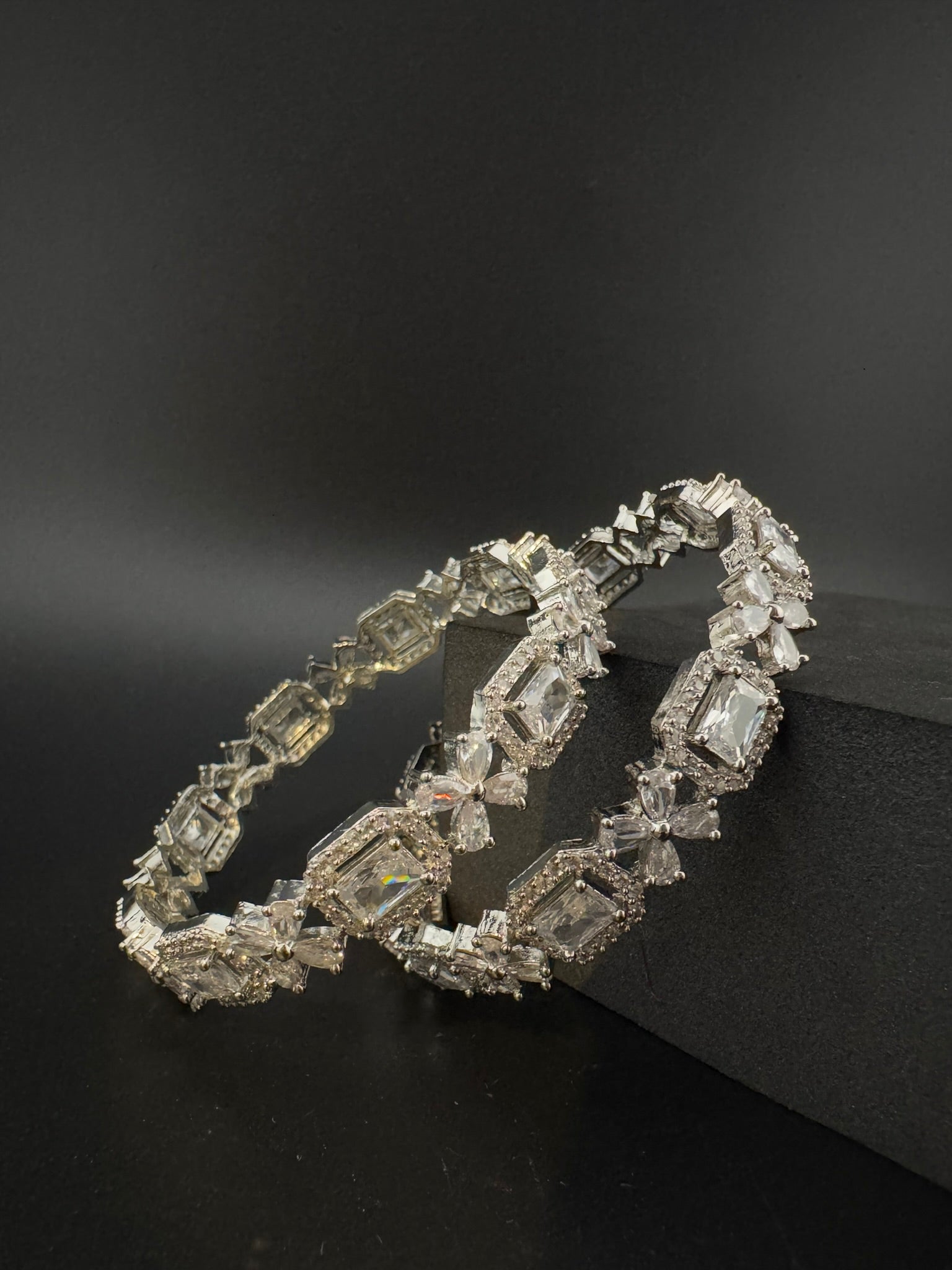 Silver Crystal and Cubic Zirconia bangle is Designer inspired bangles set of 2/Indian Kada set