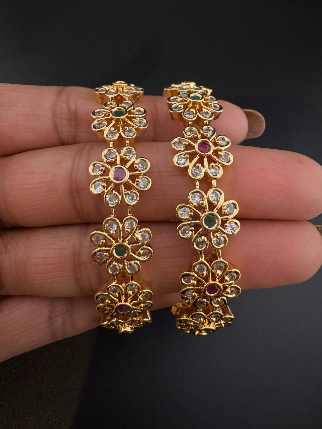 Gold Polki and Cubic Zirconia bangle is Designer inspired bangles set of 2