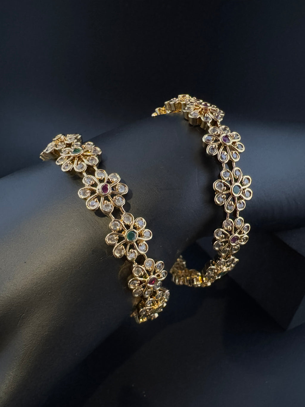 Gold Polki and Cubic Zirconia bangle is Designer inspired bangles set of 2