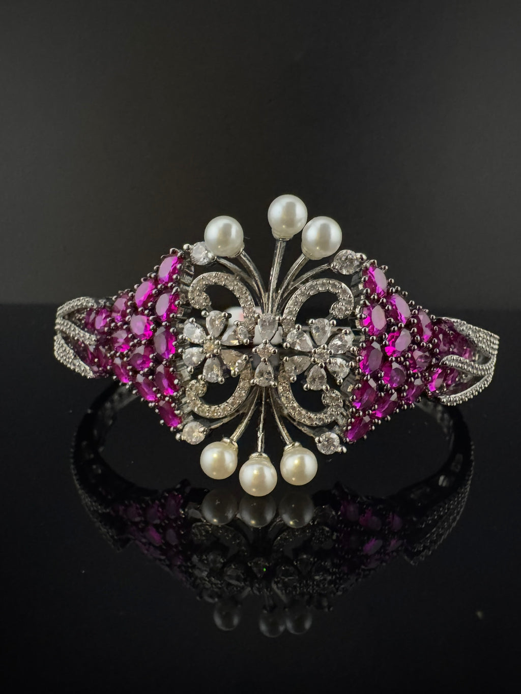 Single Silver Openable Designer bracelet with crystal stones, Cubic Zirconia, pearls in unique setting/single bangle/Fits size upto 2.6"