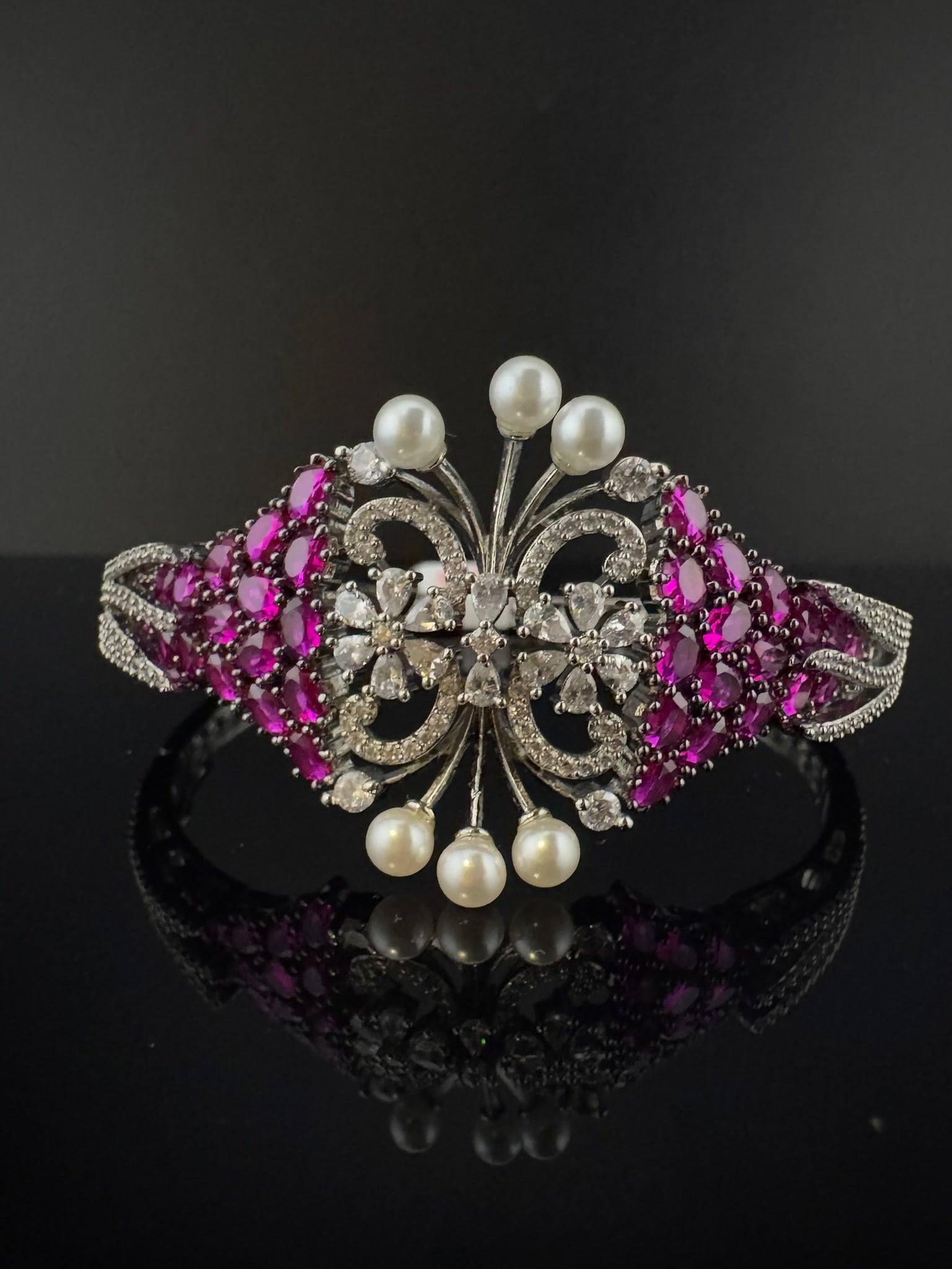 Single Silver Openable Designer bracelet with crystal stones, Cubic Zirconia, pearls in unique setting/single bangle/Fits size upto 2.6"