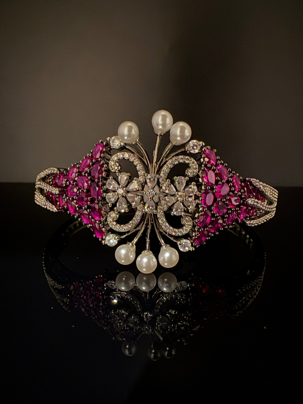 Single Silver Openable Designer bracelet with crystal stones, Cubic Zirconia, pearls in unique setting/single bangle/Fits size upto 2.6"