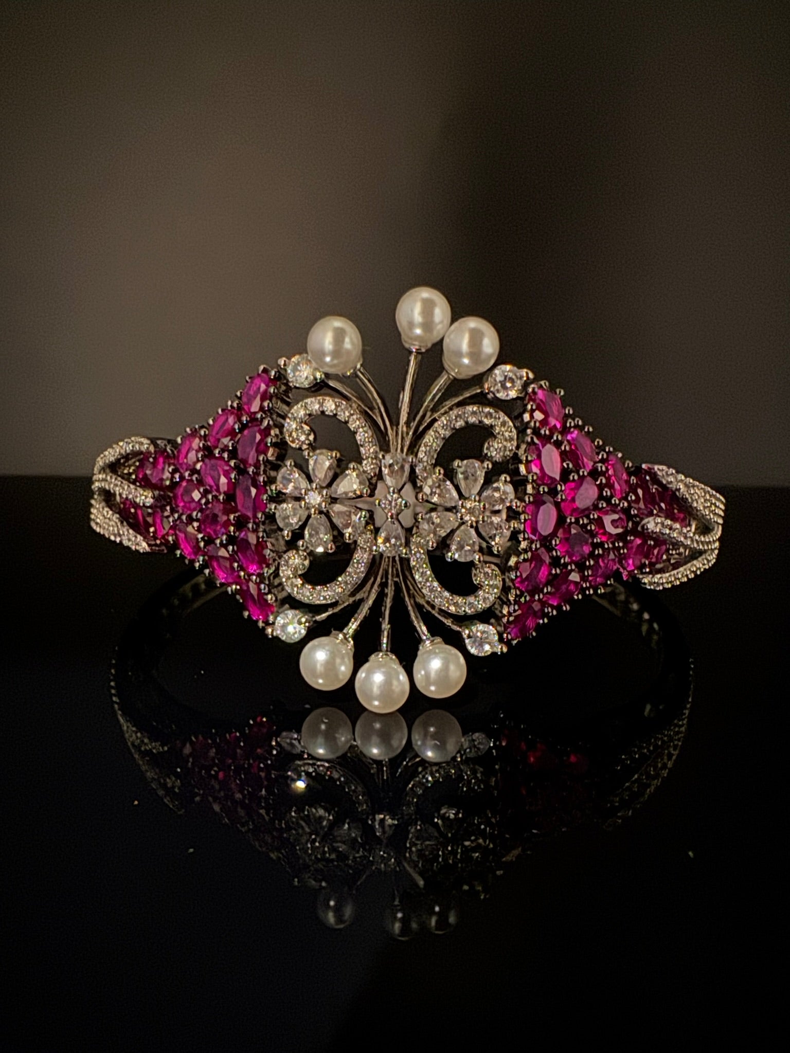 Single Silver Openable Designer bracelet with crystal stones, Cubic Zirconia, pearls in unique setting/single bangle/Fits size upto 2.6"