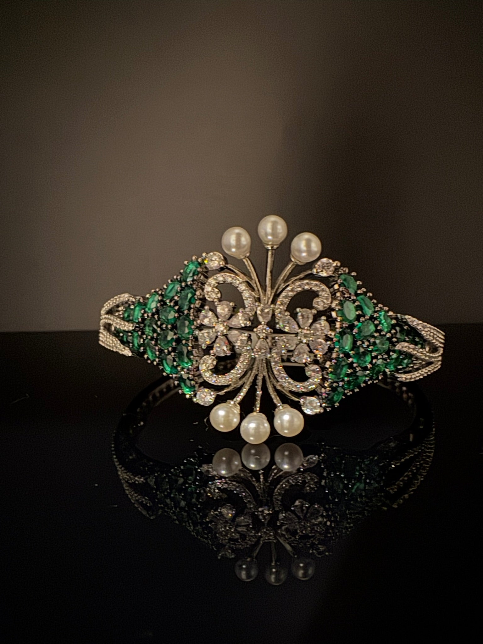 Single Silver Openable Designer bracelet with crystal stones, Cubic Zirconia, pearls in unique setting/single bangle/Fits size upto 2.6"