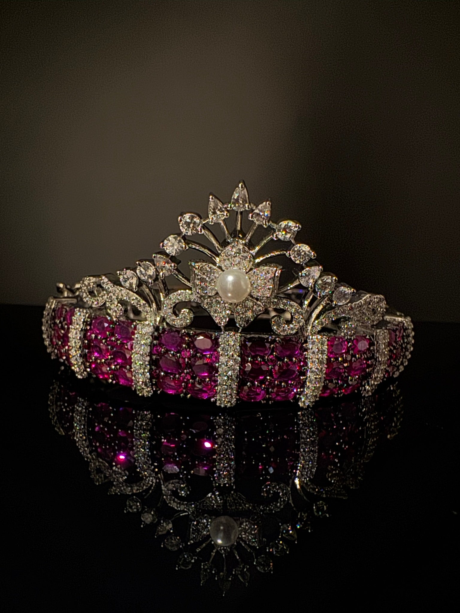 Single Silver Openable Designer bracelet with crystal stones, Cubic Zirconia, pearls in unique setting/single bangle/Fits size upto 2.6"