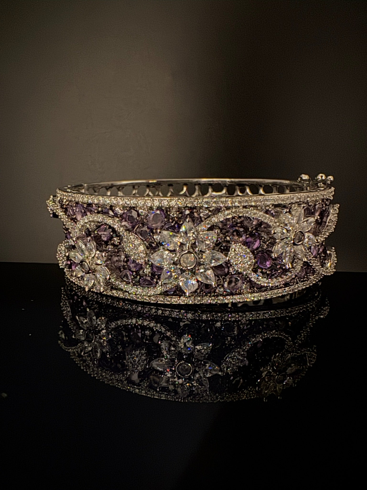 Single Silver Openable Designer bracelet with crystal stones, Cubic Zirconia in unique Nano setting/single bangle/Fits size upto 2.6"