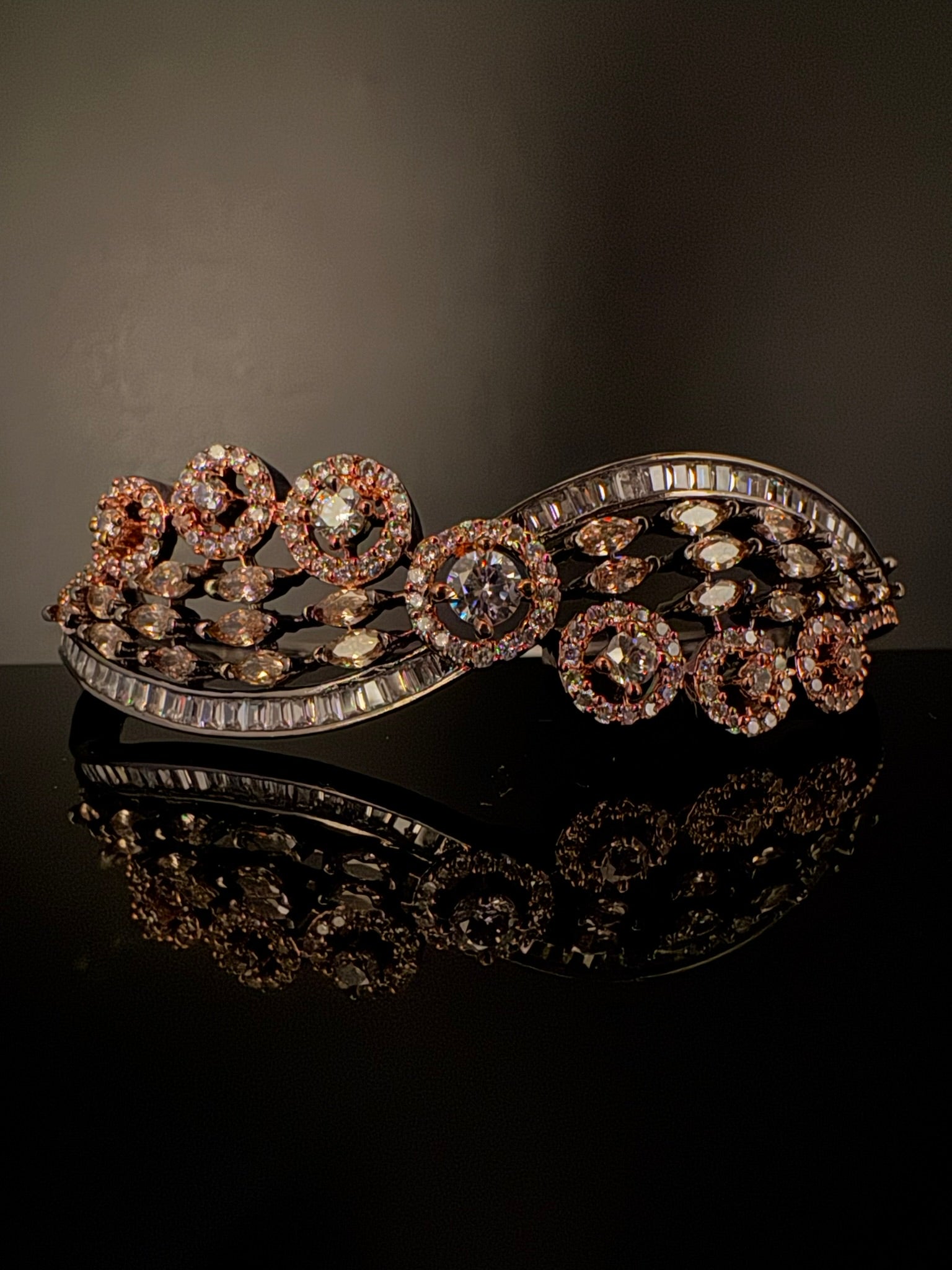 Rose Gold Openable Designer bracelet with crystal stones, Cubic Zirconia in unique Nano setting