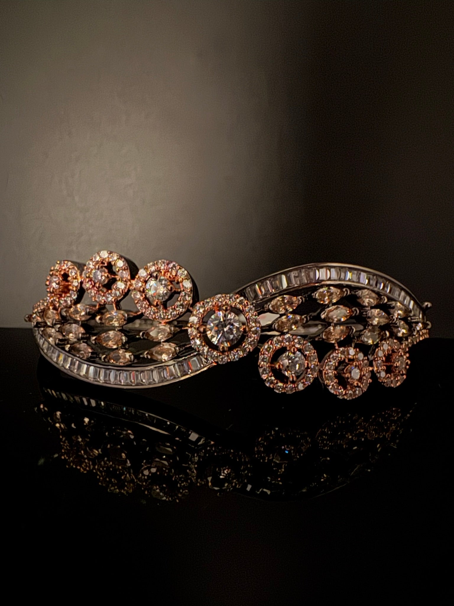 Rose Gold Openable Designer bracelet with crystal stones, Cubic Zirconia in unique Nano setting