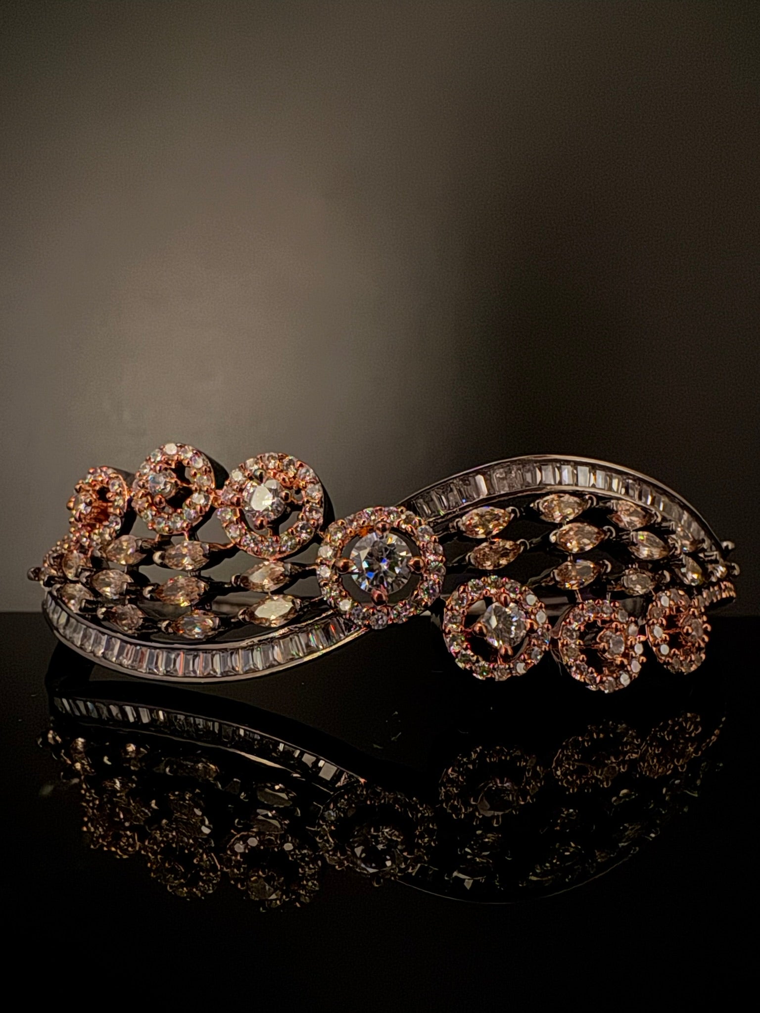 Rose Gold Openable Designer bracelet with crystal stones, Cubic Zirconia in unique Nano setting