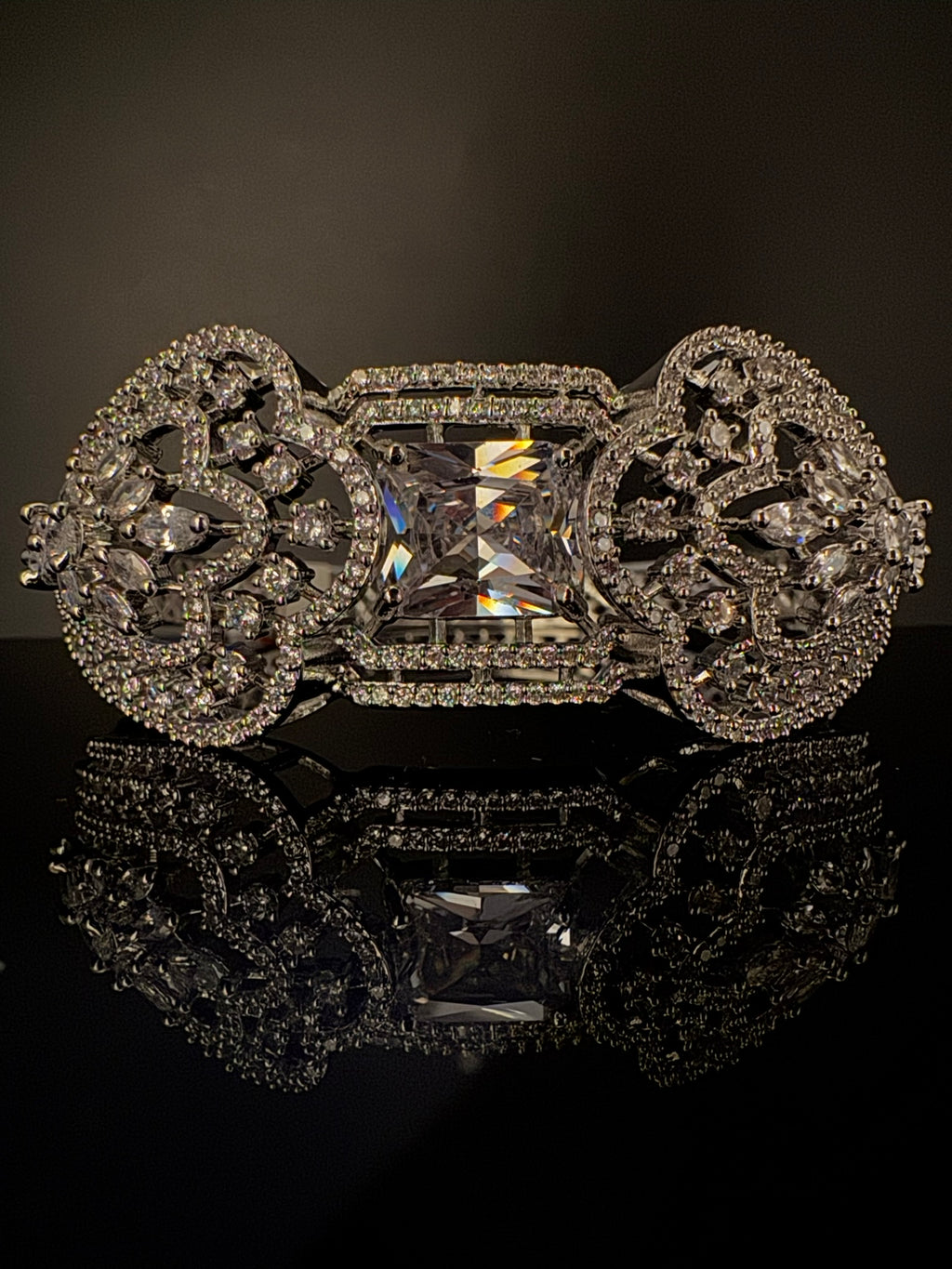 Silver color Openable Designer bracelet with crystal stones, Cubic Zirconia in unique Nano setting