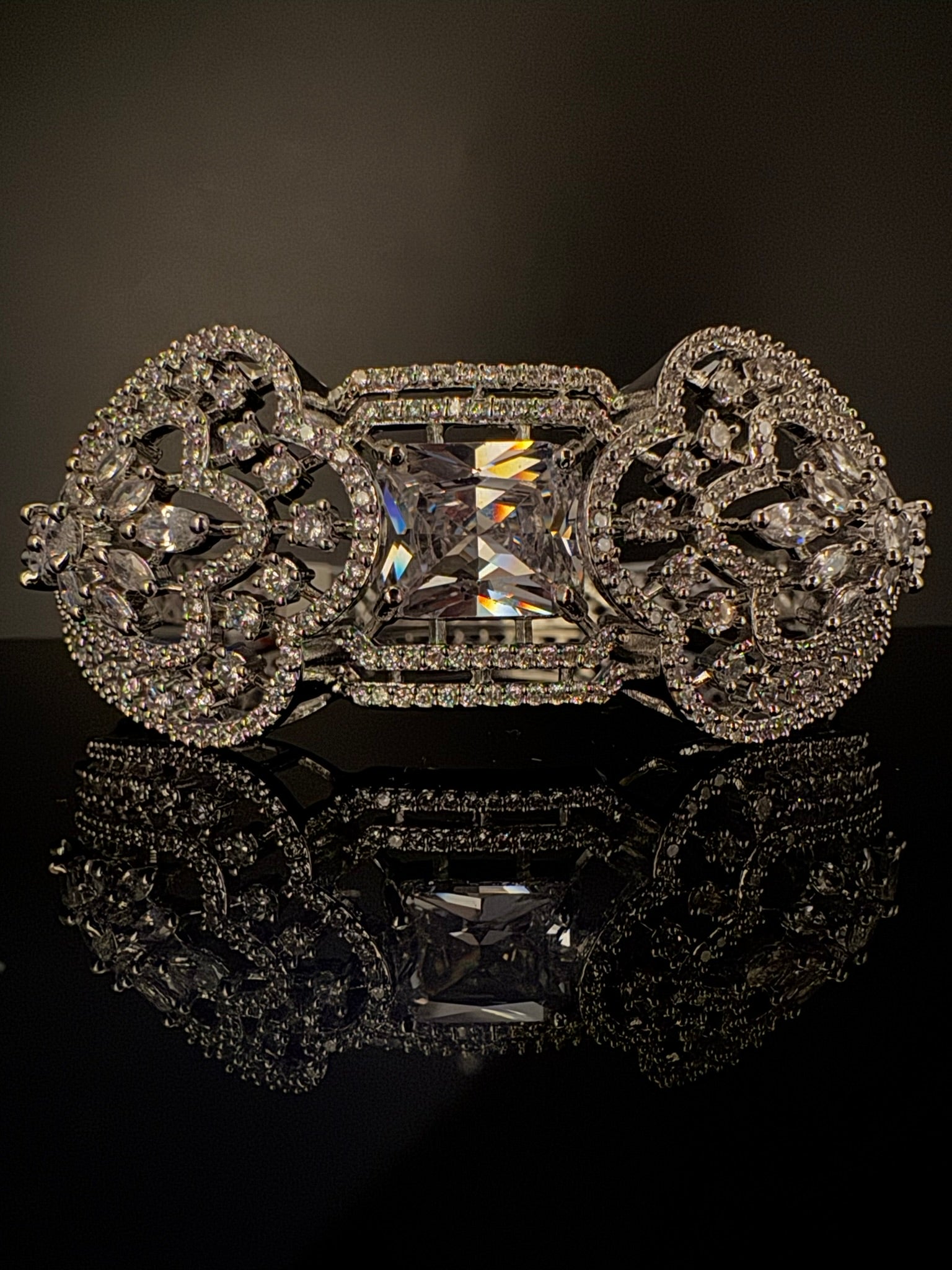 Silver color Openable Designer bracelet with crystal stones, Cubic Zirconia in unique Nano setting