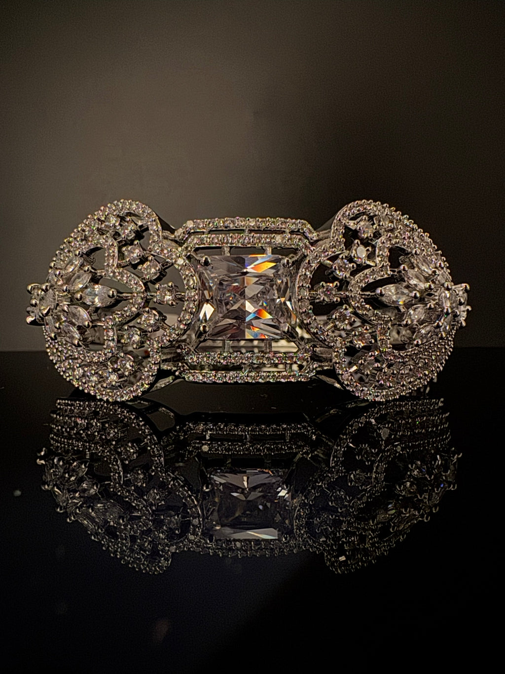 Silver color Openable Designer bracelet with crystal stones, Cubic Zirconia in unique Nano setting