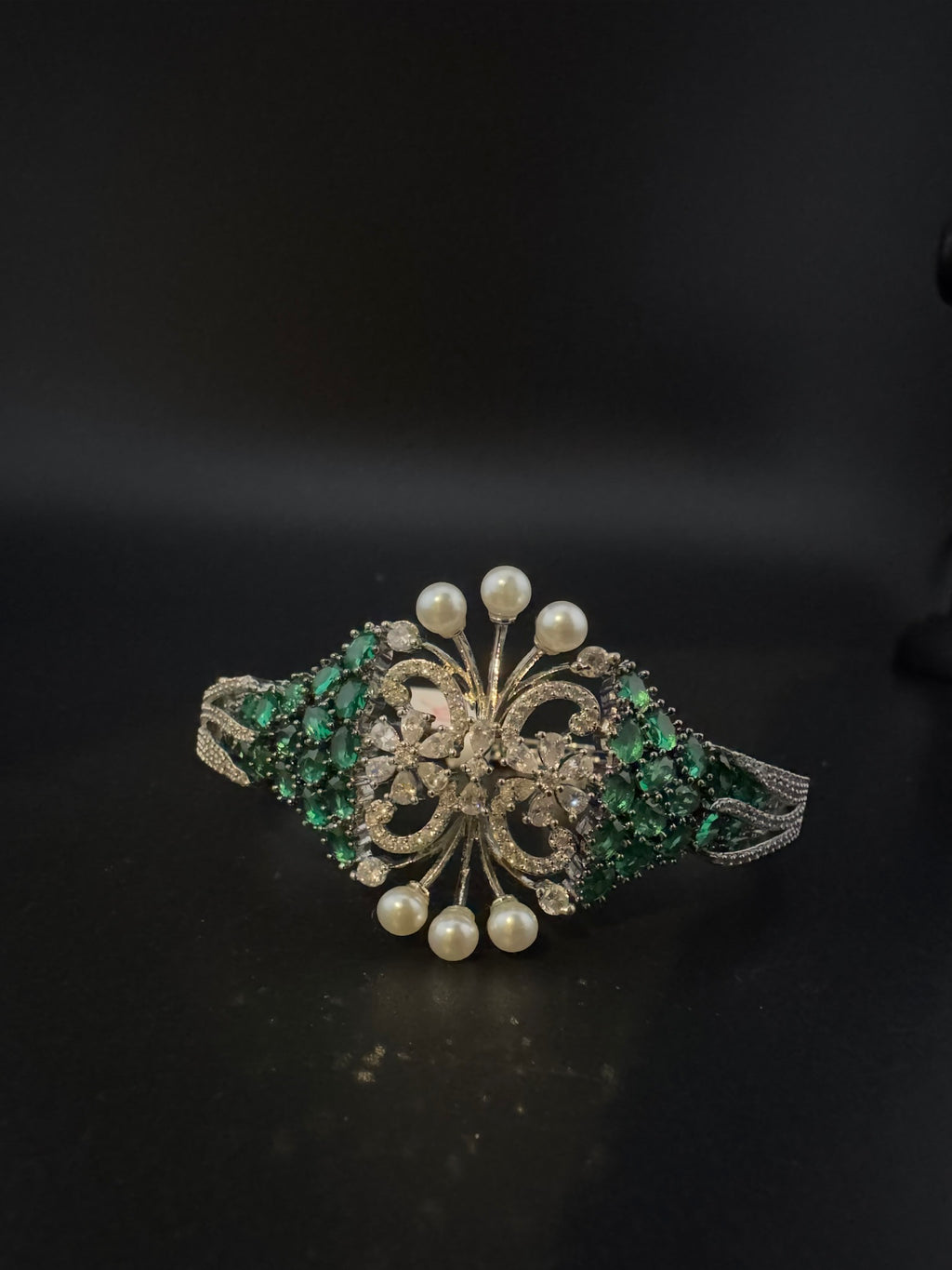 Single Silver Openable Designer bracelet with crystal stones, Cubic Zirconia, pearls in unique setting/single bangle/Fits size upto 2.6"