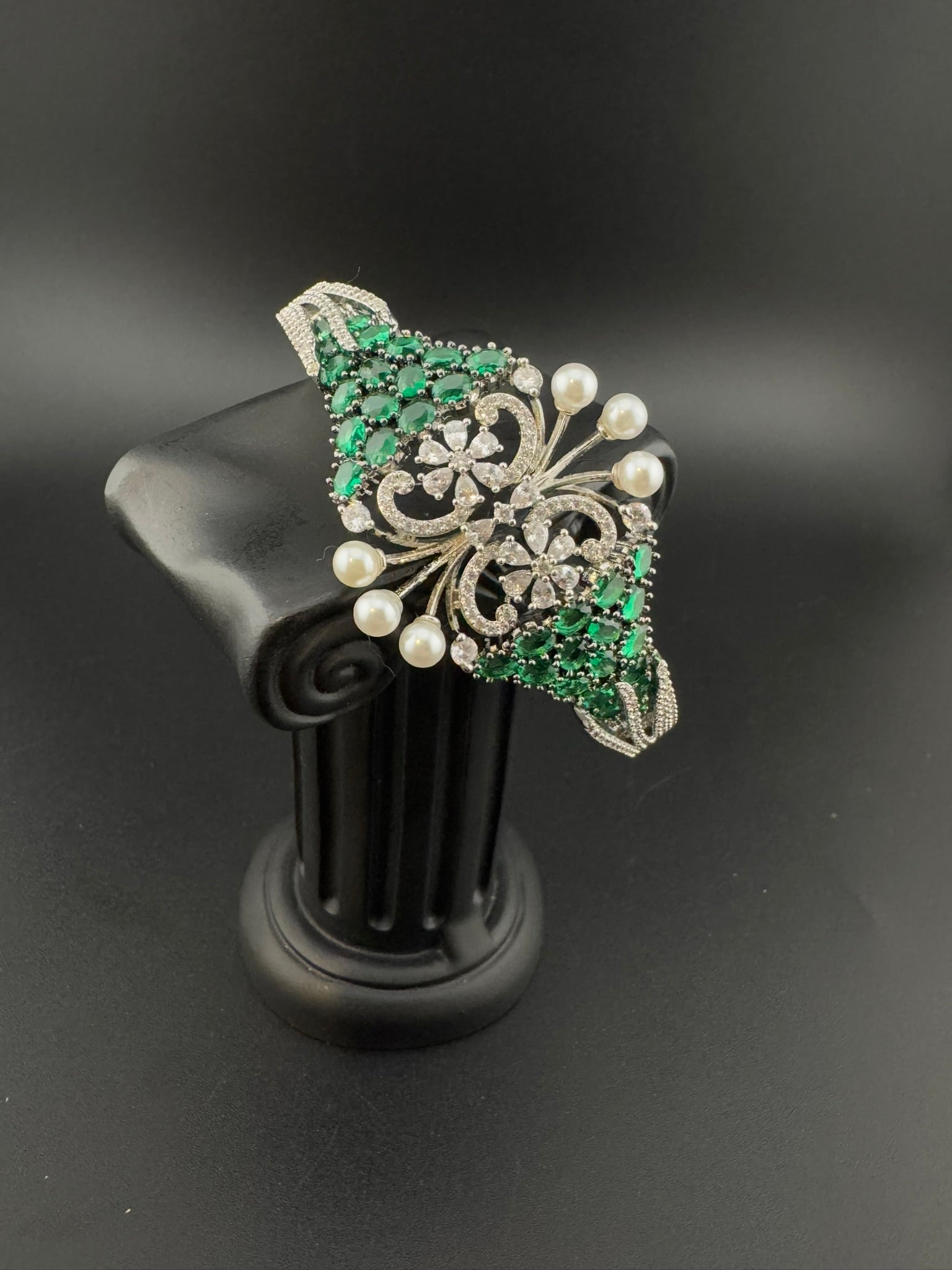 Single Silver Openable Designer bracelet with crystal stones, Cubic Zirconia, pearls in unique setting/single bangle/Fits size upto 2.6"