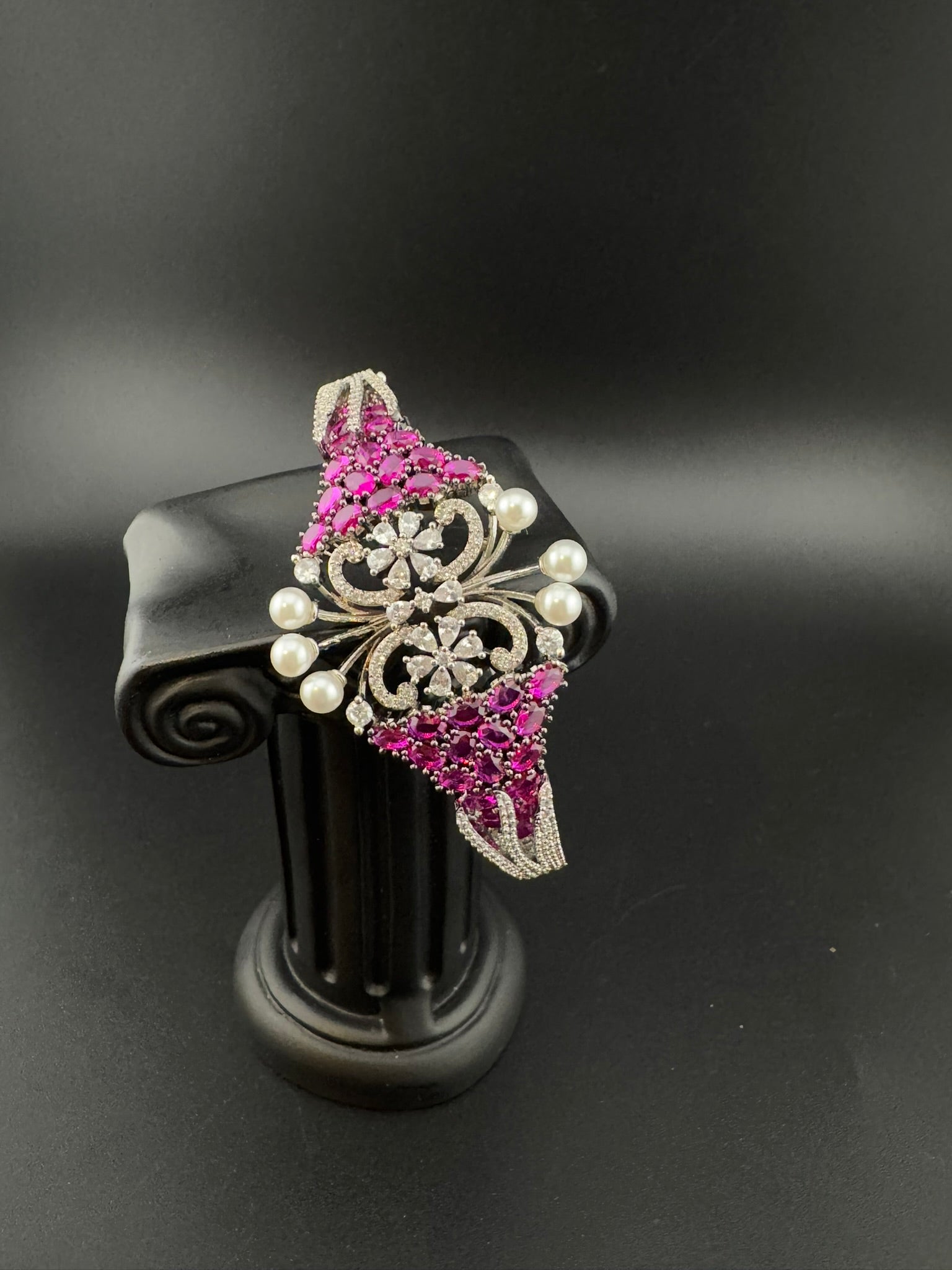 Single Silver Openable Designer bracelet with crystal stones, Cubic Zirconia, pearls in unique setting/single bangle/Fits size upto 2.6"