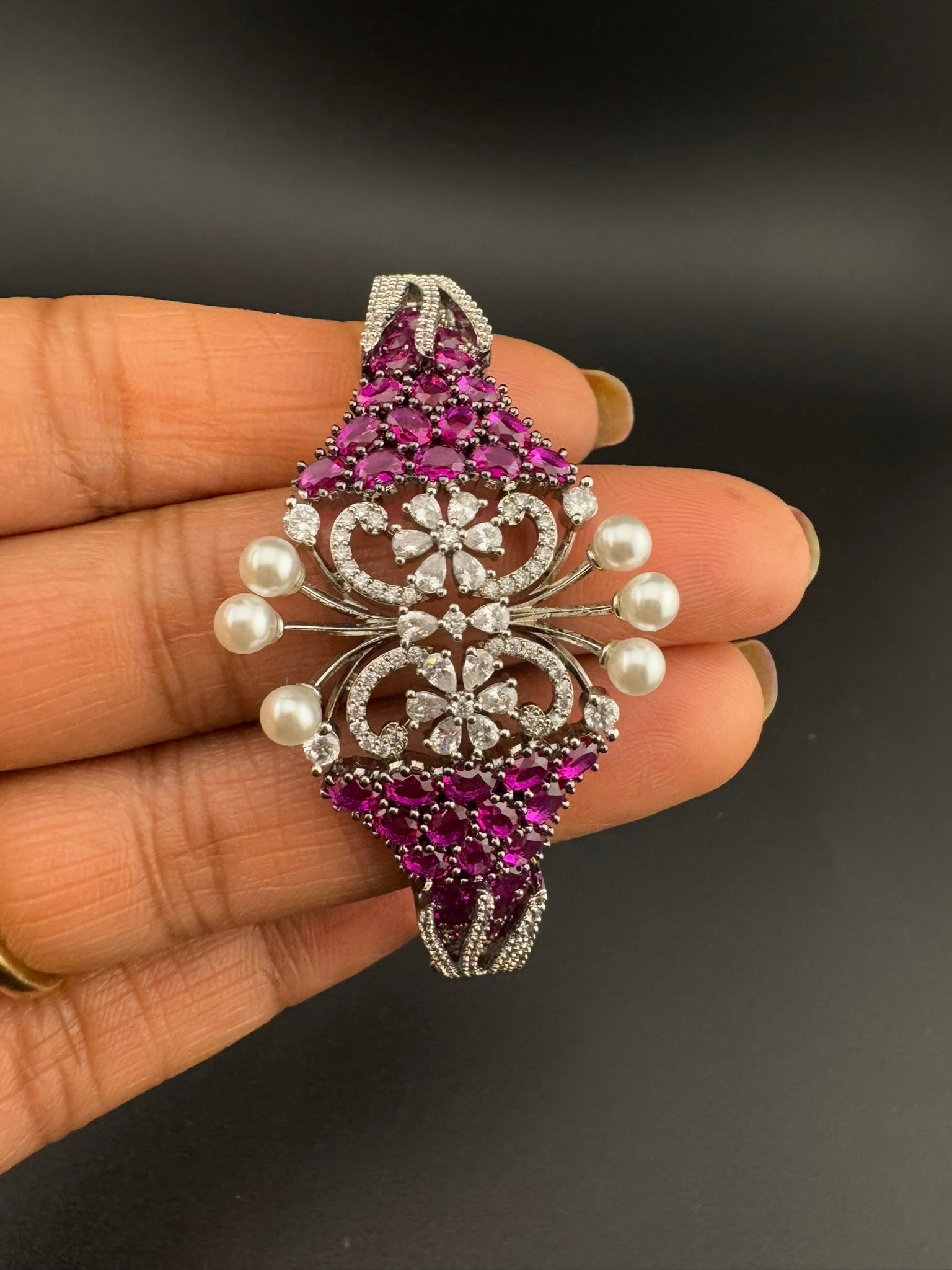 Single Silver Openable Designer bracelet with crystal stones, Cubic Zirconia, pearls in unique setting/single bangle/Fits size upto 2.6"