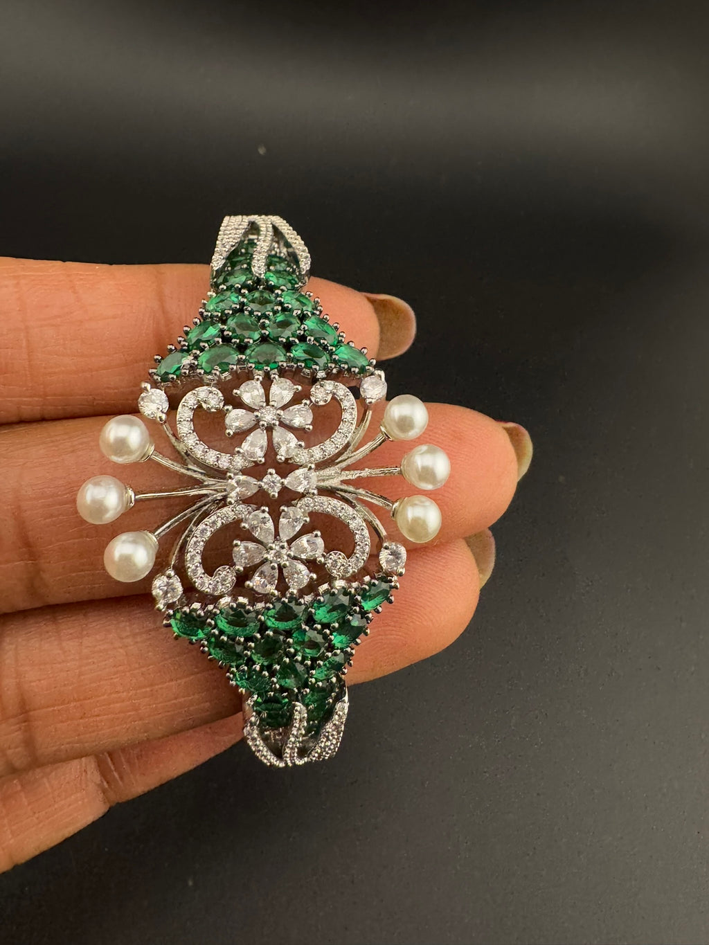 Single Silver Openable Designer bracelet with crystal stones, Cubic Zirconia, pearls in unique setting/single bangle/Fits size upto 2.6"