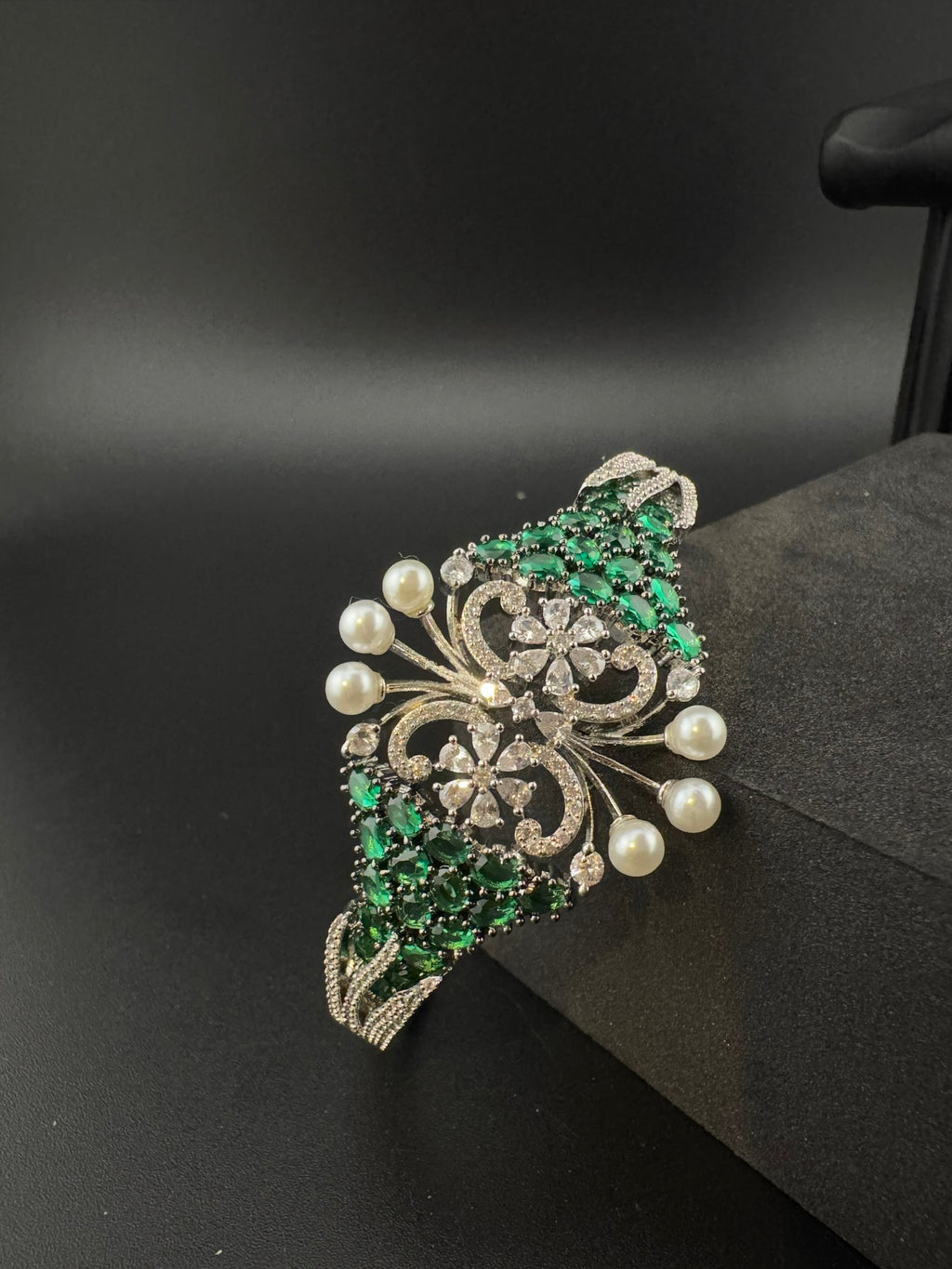 Single Silver Openable Designer bracelet with crystal stones, Cubic Zirconia, pearls in unique setting/single bangle/Fits size upto 2.6"