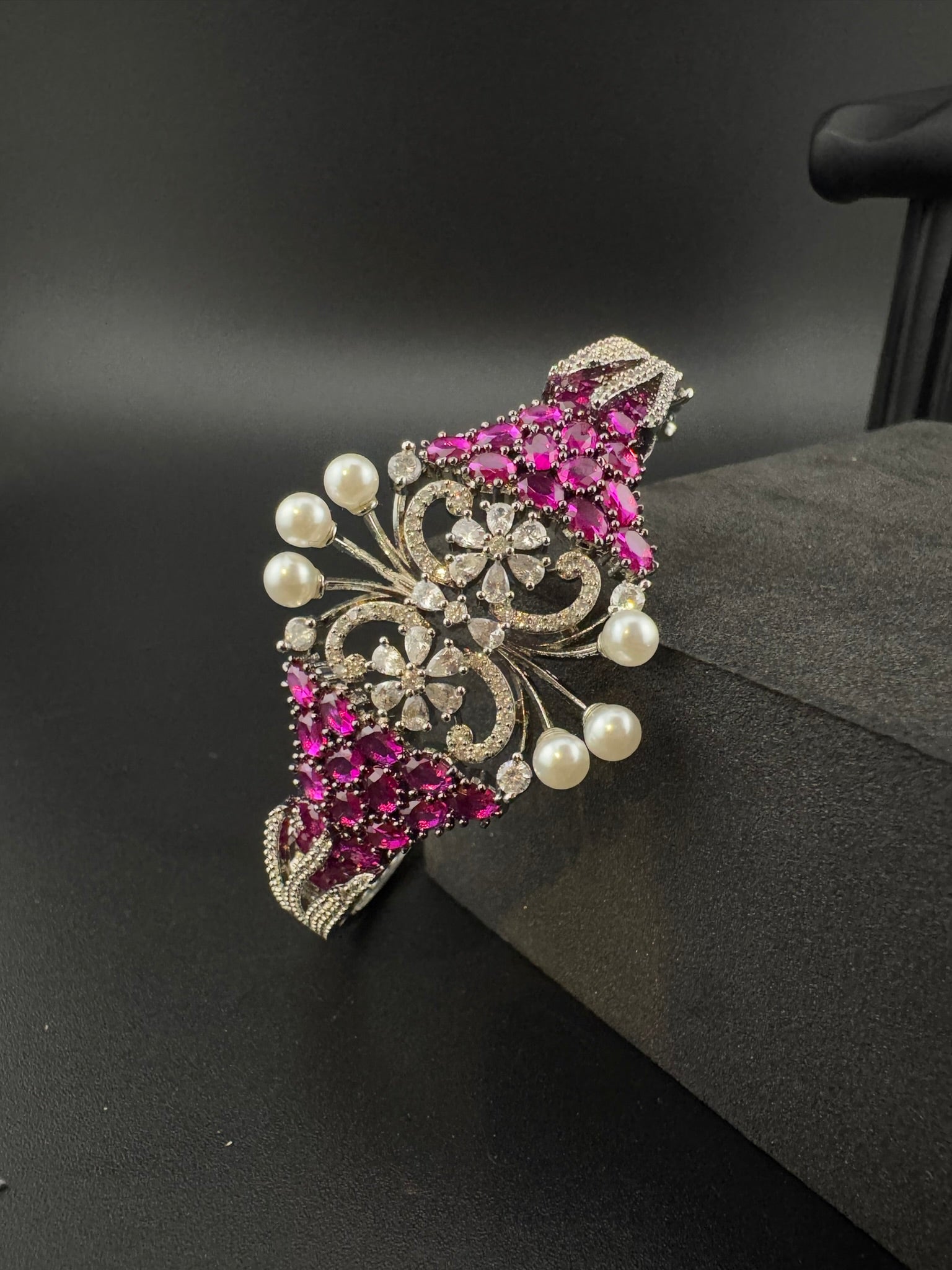 Single Silver Openable Designer bracelet with crystal stones, Cubic Zirconia, pearls in unique setting/single bangle/Fits size upto 2.6"