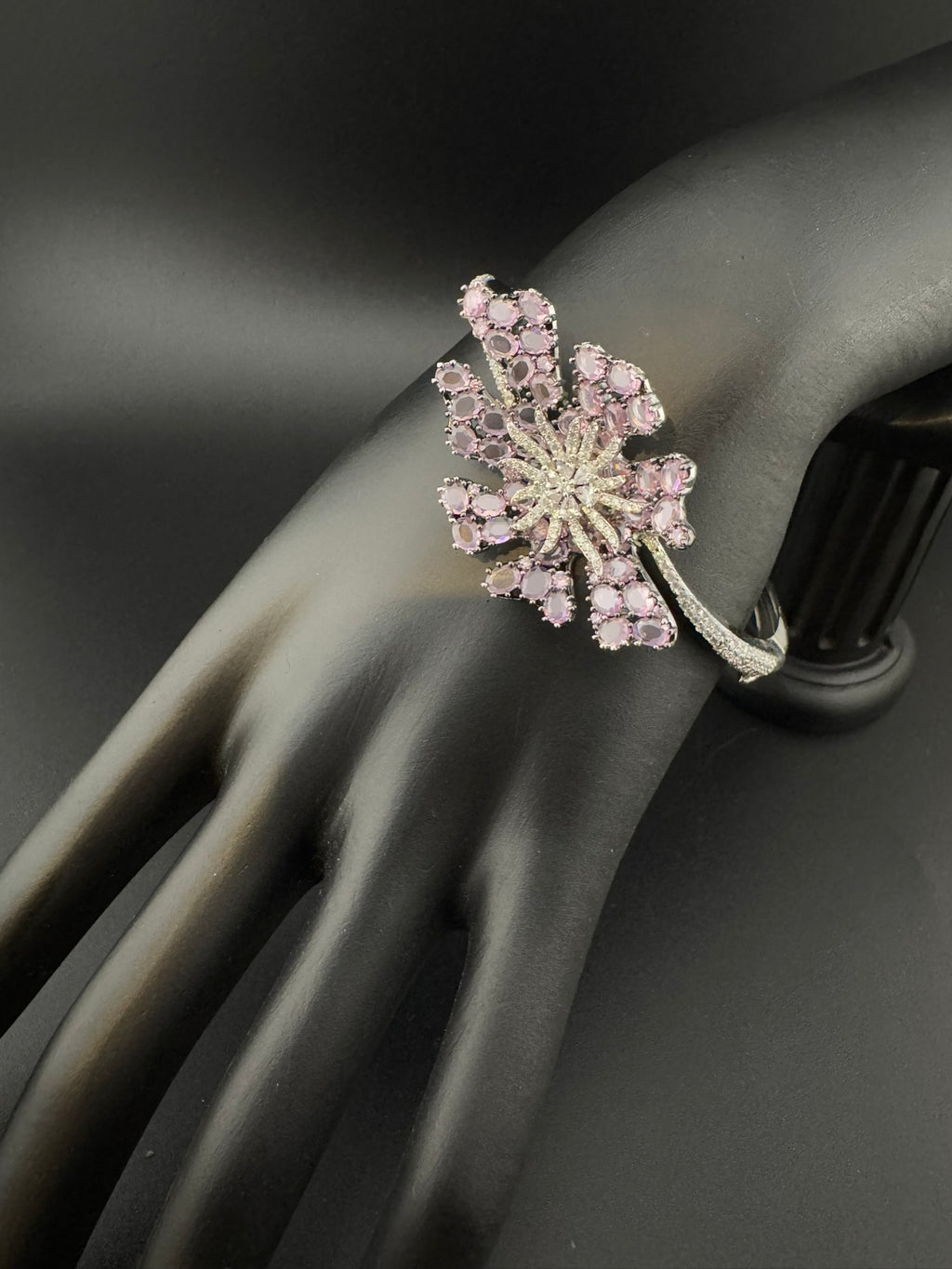 Single Silver Openable Designer bracelet with crystal stones, Cubic Zirconia, pearls in unique setting/single bangle/Fits size upto 2.6"