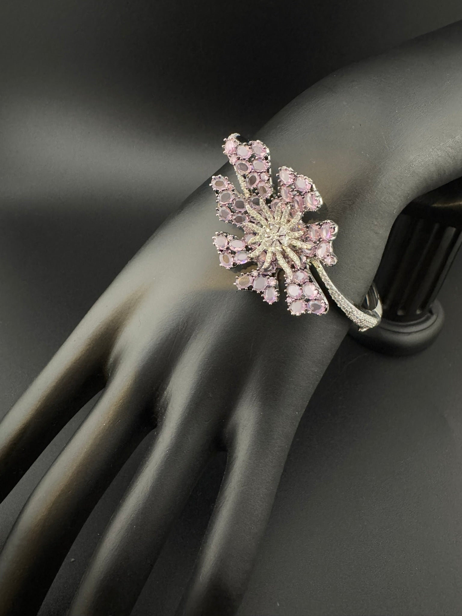 Single Silver Openable Designer bracelet with crystal stones, Cubic Zirconia, pearls in unique setting/single bangle/Fits size upto 2.6"