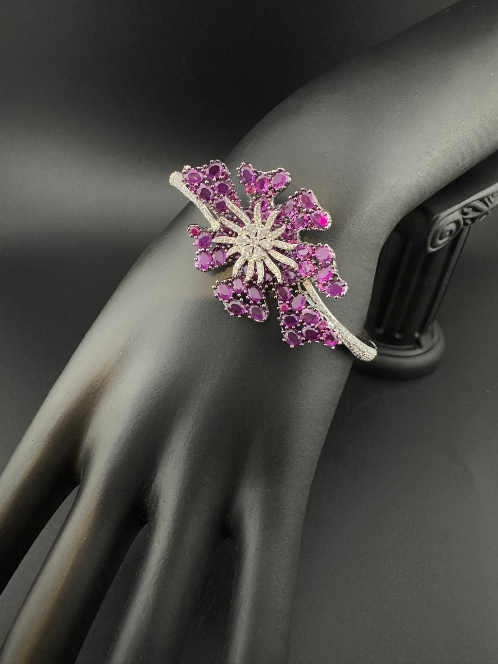 Single Silver Openable Designer bracelet with crystal stones, Cubic Zirconia, pearls in unique setting/single bangle/Fits size upto 2.6"